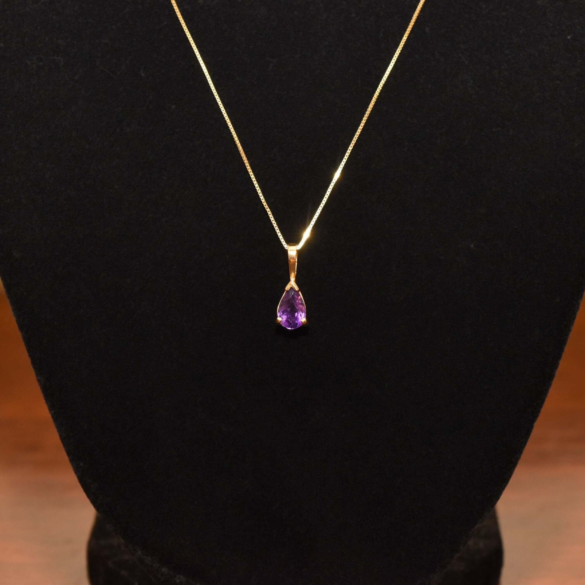 Italian 14K Amethyst Teardrop Pendant Necklace, February Birthstone, Estate Jewelry, 18.5" L