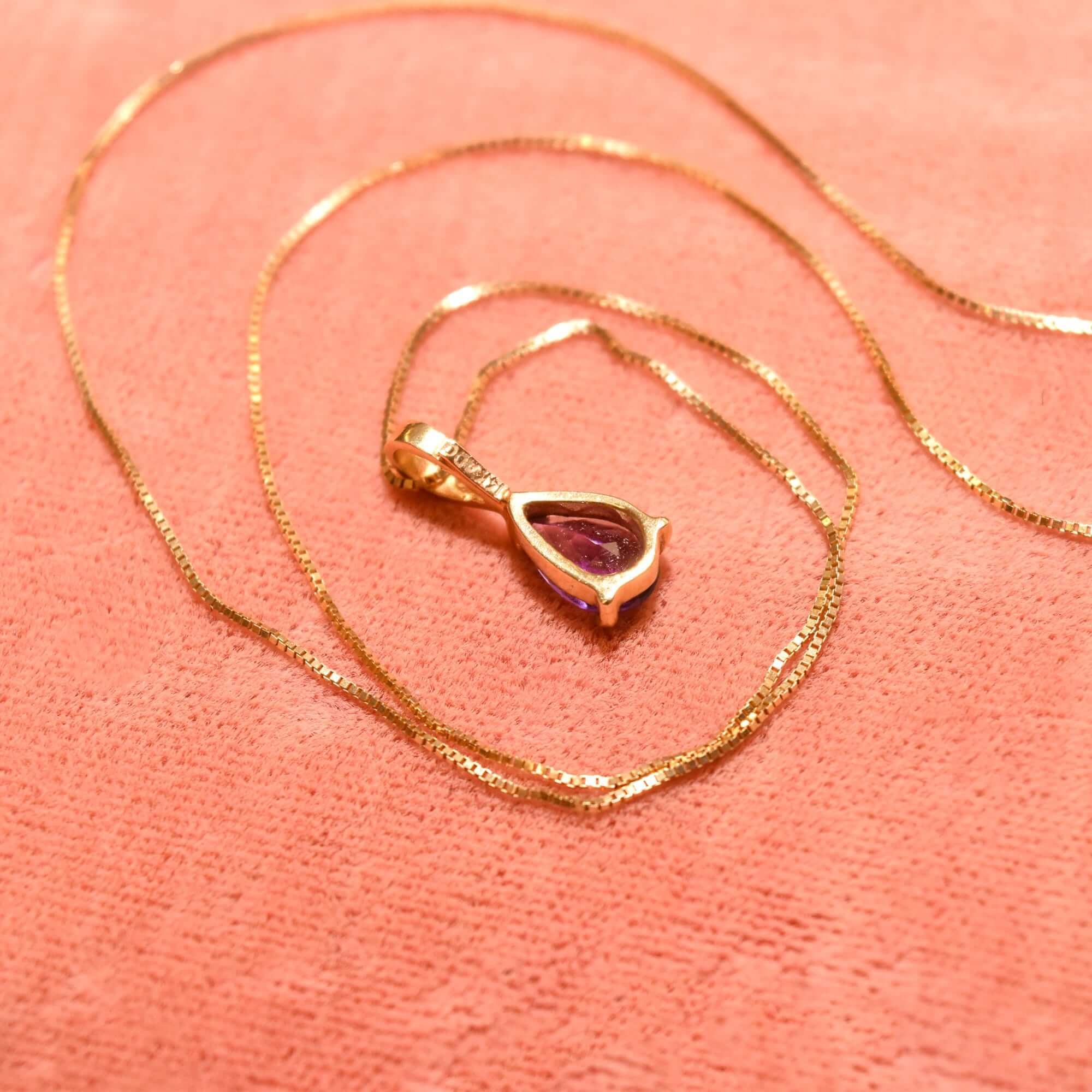 Italian 14K Amethyst Teardrop Pendant Necklace, February Birthstone, Estate Jewelry, 18.5" L