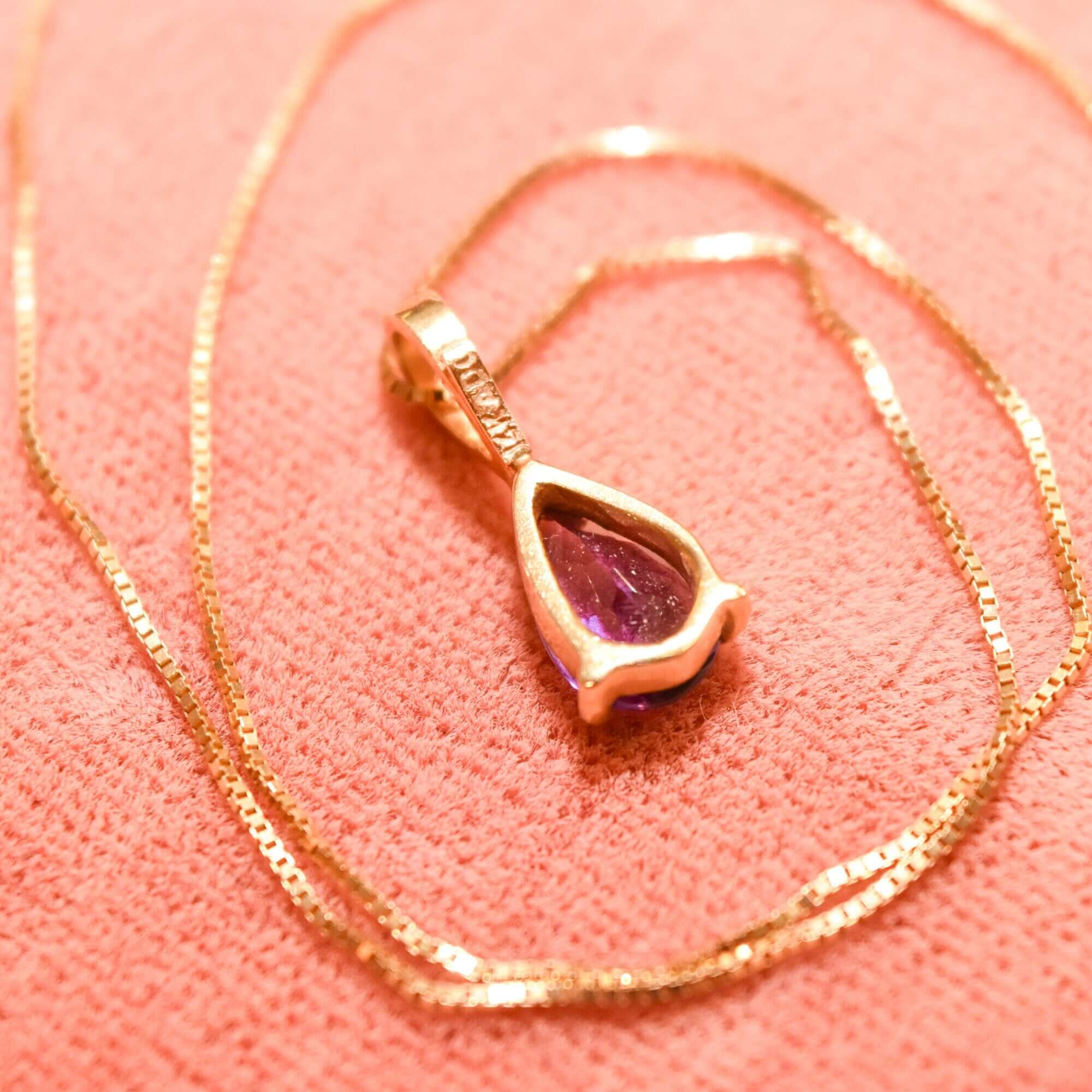 Italian 14K Amethyst Teardrop Pendant Necklace, February Birthstone, Estate Jewelry, 18.5" L