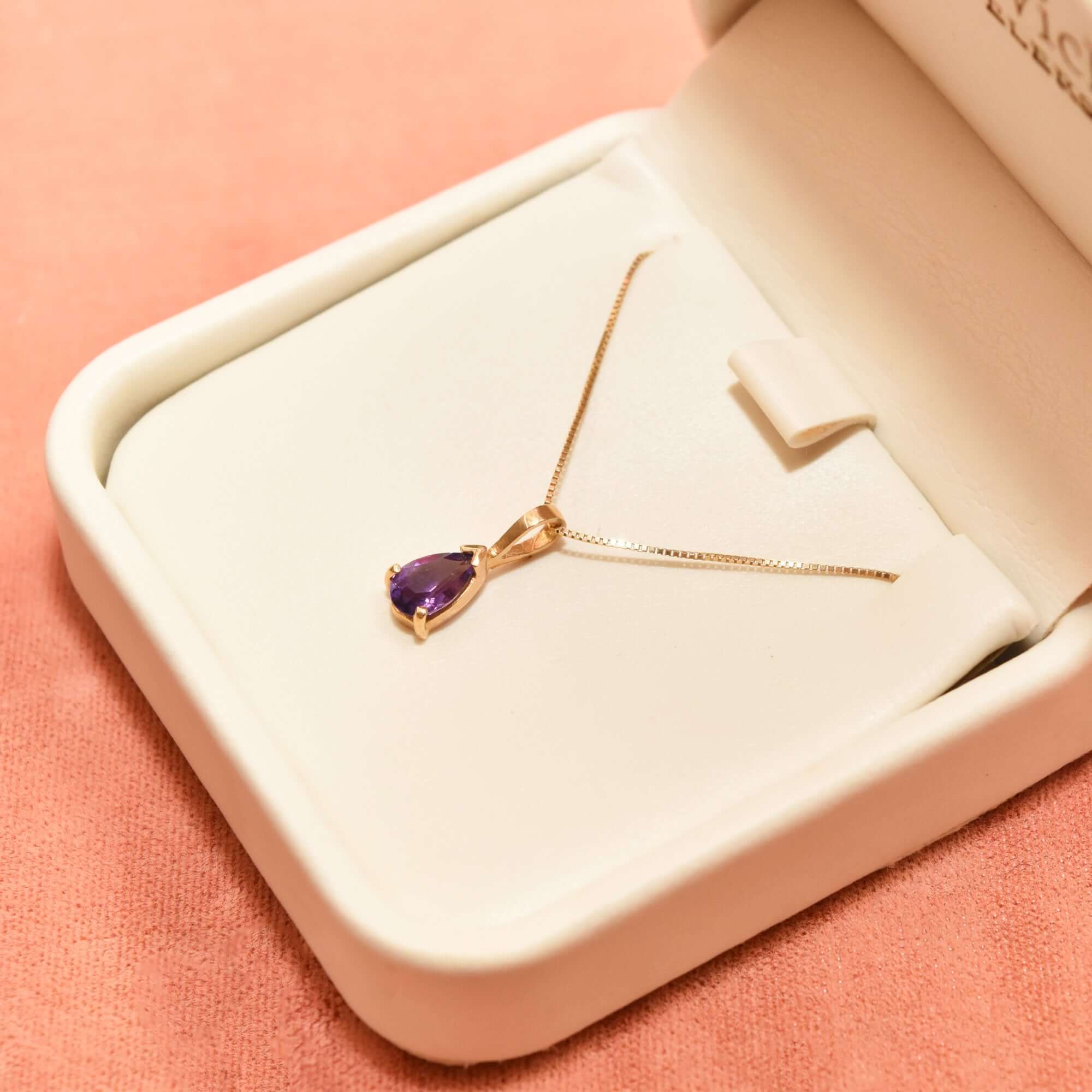 Italian 14K Amethyst Teardrop Pendant Necklace, February Birthstone, Estate Jewelry, 18.5" L