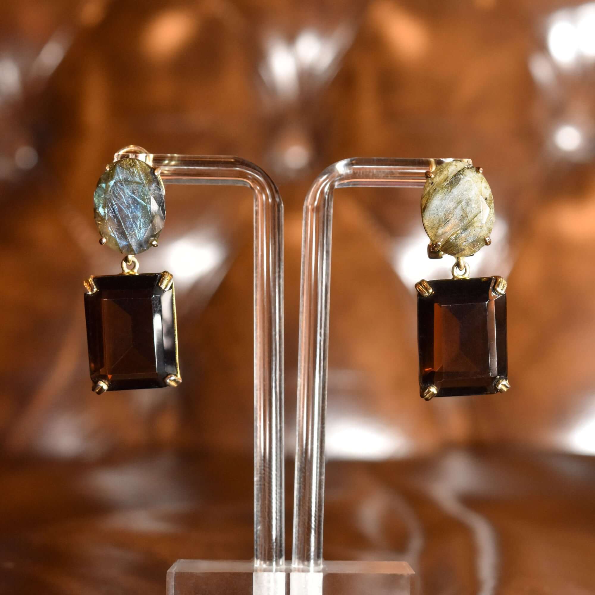 Labradorite & Smoky Quartz Dangle Earrings, Gilt Bronze/Sterling Silver Omega Backs, Gemstone Jewelry, 40mm