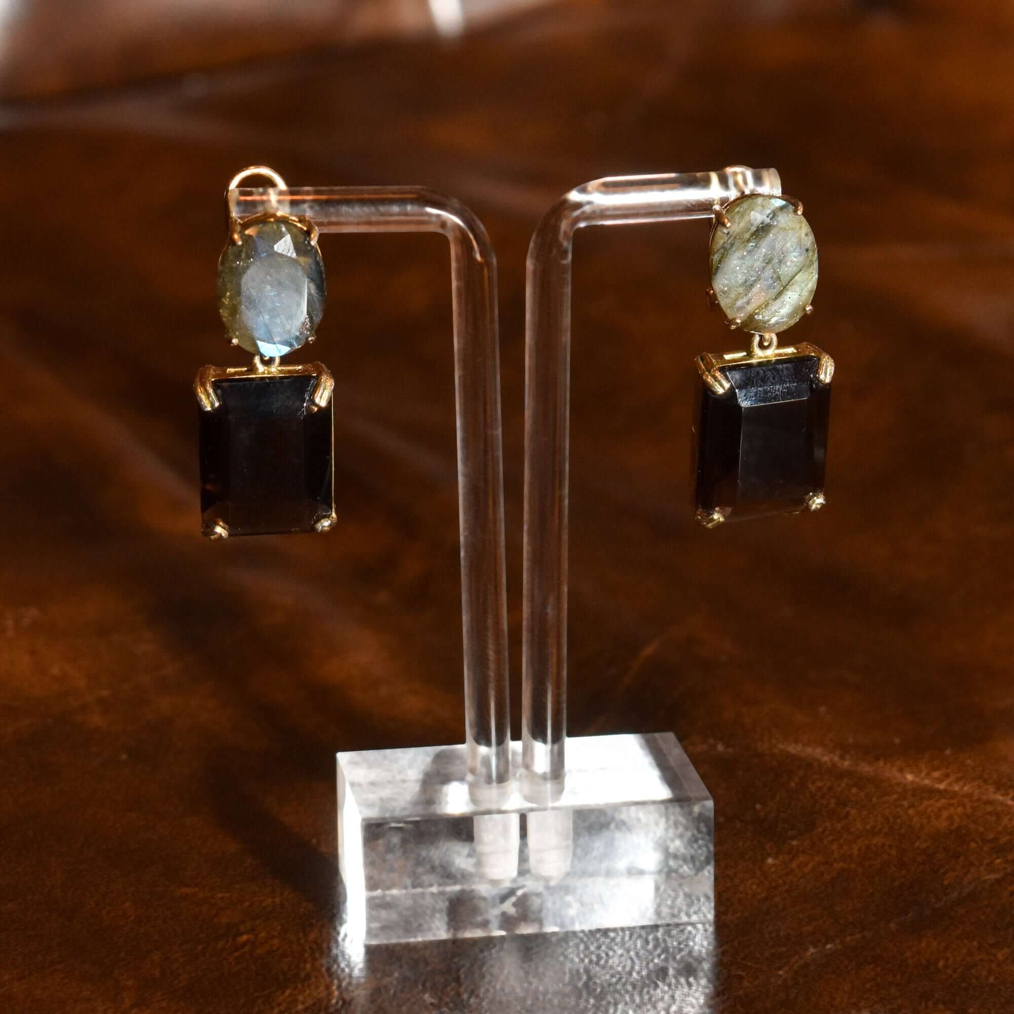 Labradorite & Smoky Quartz Dangle Earrings, Gilt Bronze/Sterling Silver Omega Backs, Gemstone Jewelry, 40mm