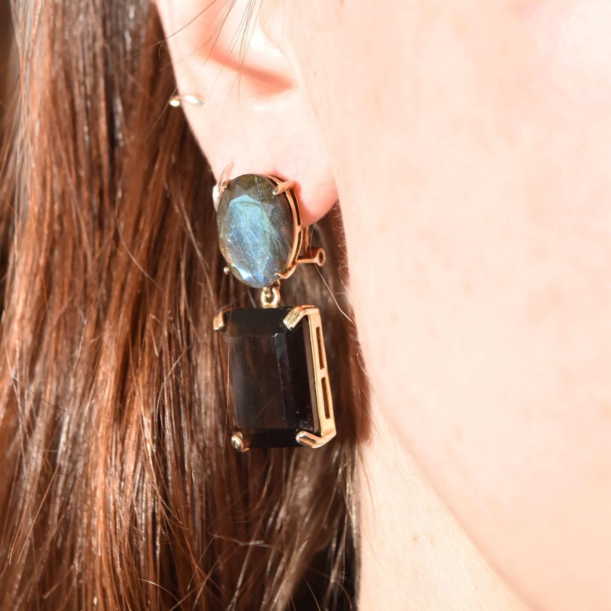 Labradorite & Smoky Quartz Dangle Earrings, Gilt Bronze/Sterling Silver Omega Backs, Gemstone Jewelry, 40mm
