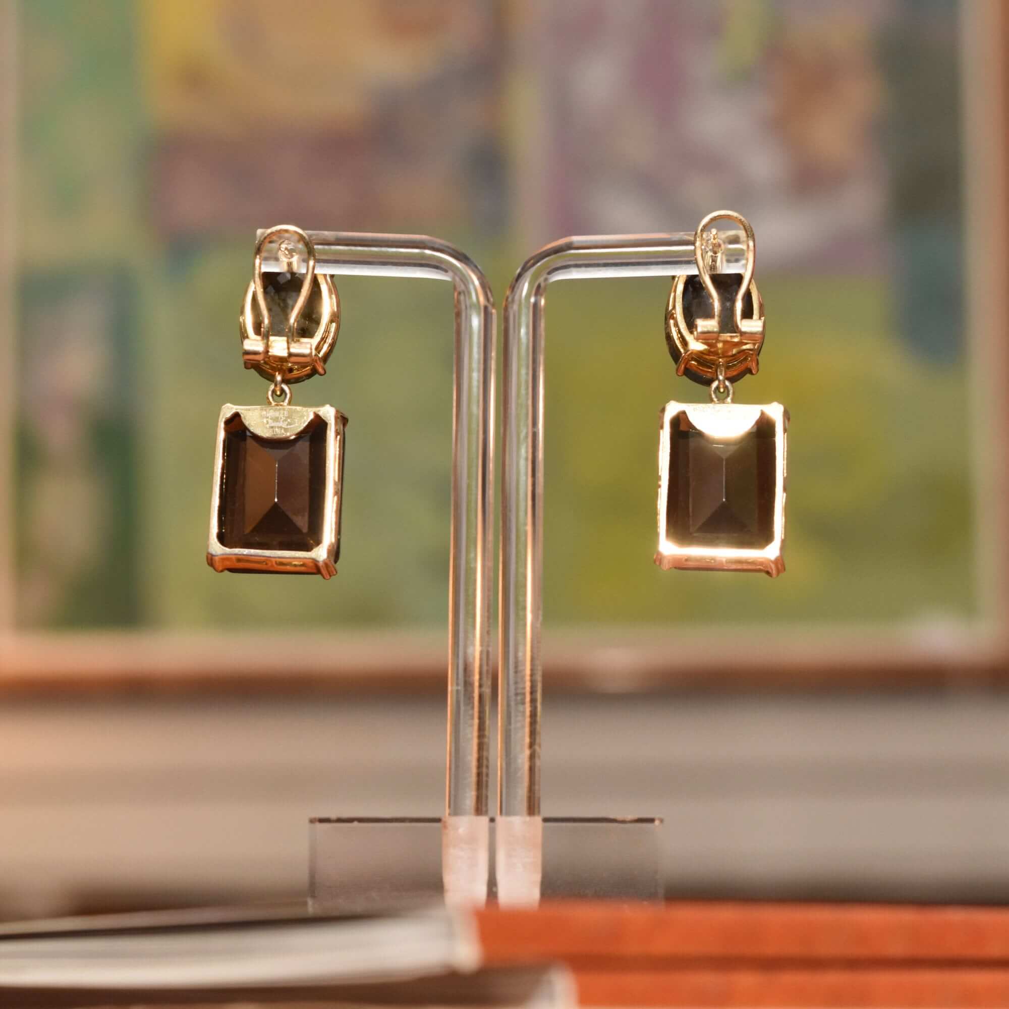 Labradorite & Smoky Quartz Dangle Earrings, Gilt Bronze/Sterling Silver Omega Backs, Gemstone Jewelry, 40mm