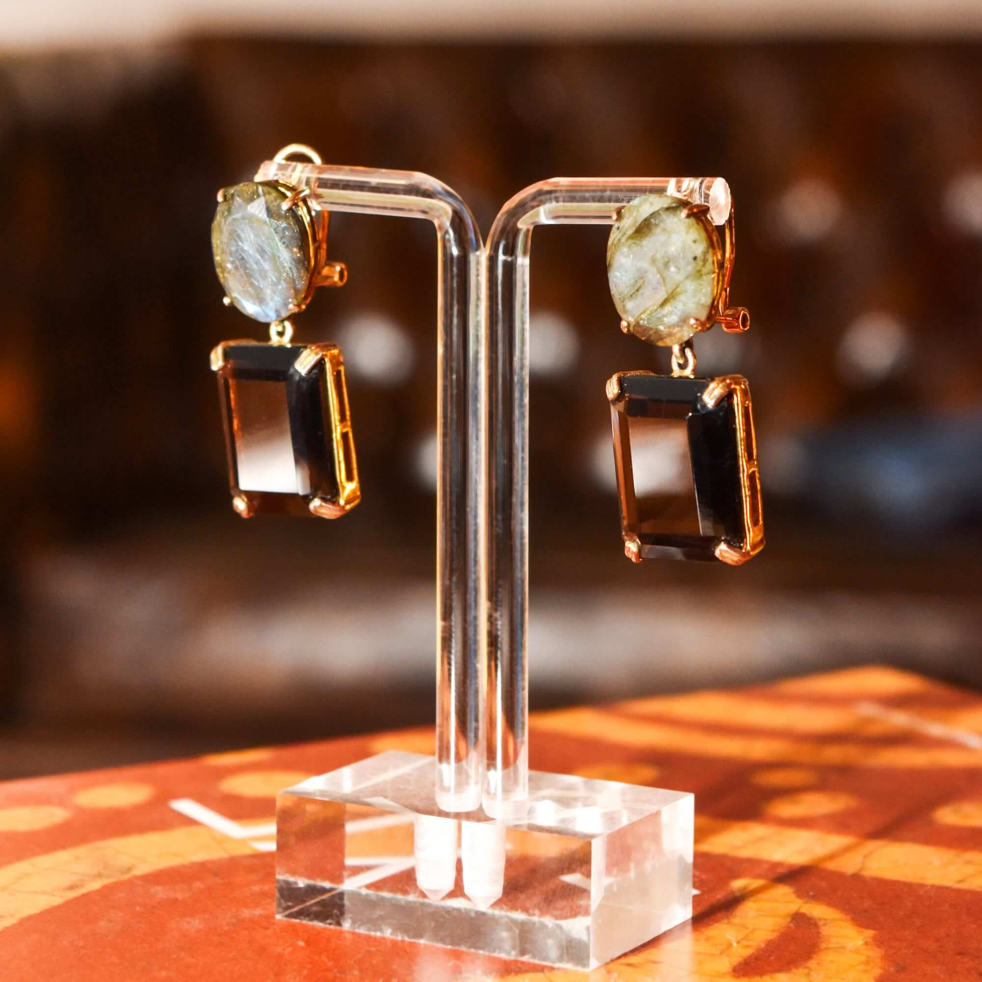 Labradorite & Smoky Quartz Dangle Earrings, Gilt Bronze/Sterling Silver Omega Backs, Gemstone Jewelry, 40mm