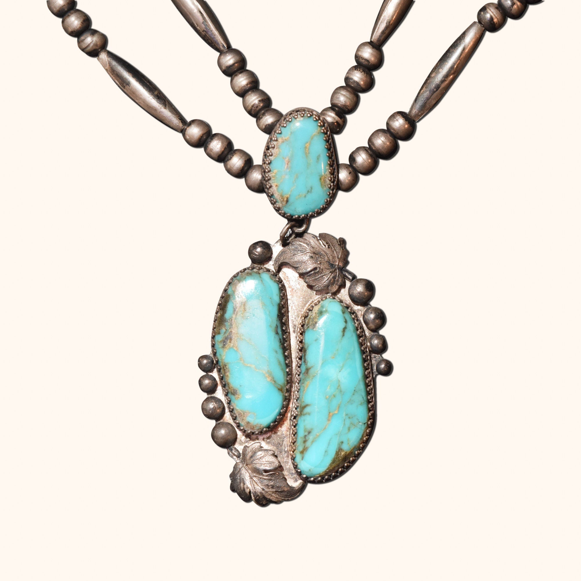 Native American Turquoise Pendant Necklace In Sterling Silver, Leaf Motifs, Navajo Pearls, 20.5" L