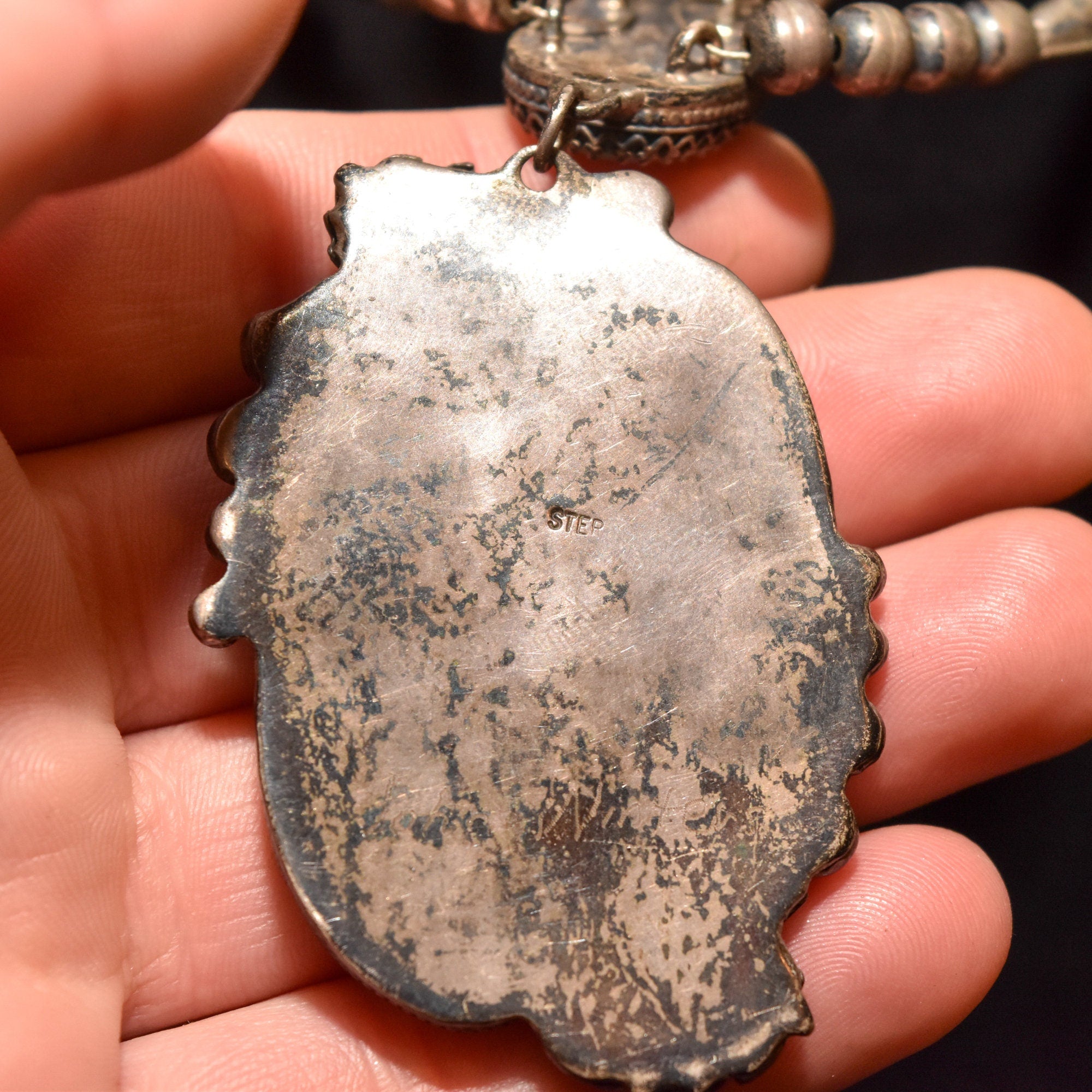 Native American Turquoise Pendant Necklace In Sterling Silver, Leaf Motifs, Navajo Pearls, 20.5" L