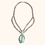 Native American Turquoise Pendant Necklace In Sterling Silver, Leaf Motifs, Navajo Pearls, 20.5" L