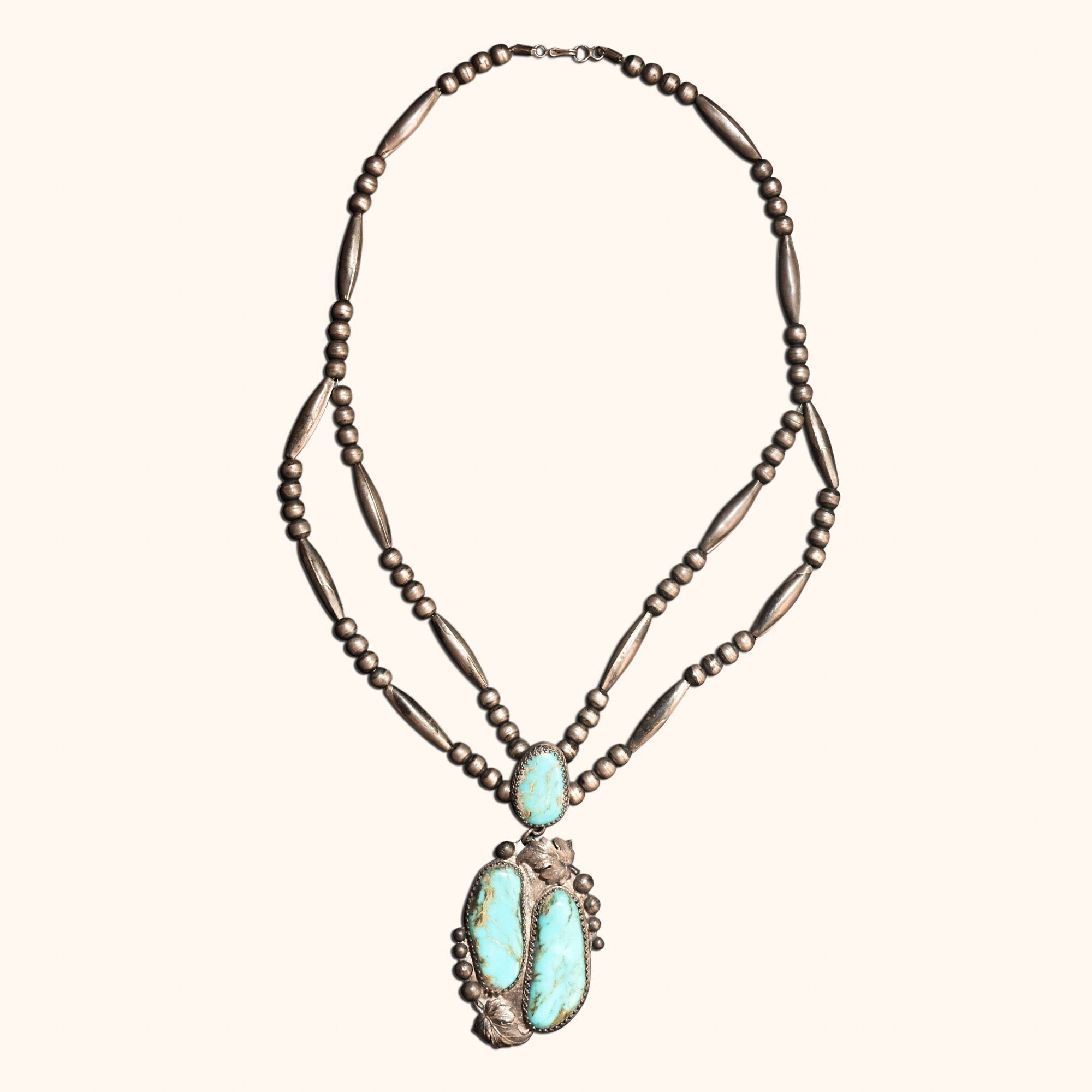 Native American Turquoise Pendant Necklace In Sterling Silver, Leaf Motifs, Navajo Pearls, 20.5" L