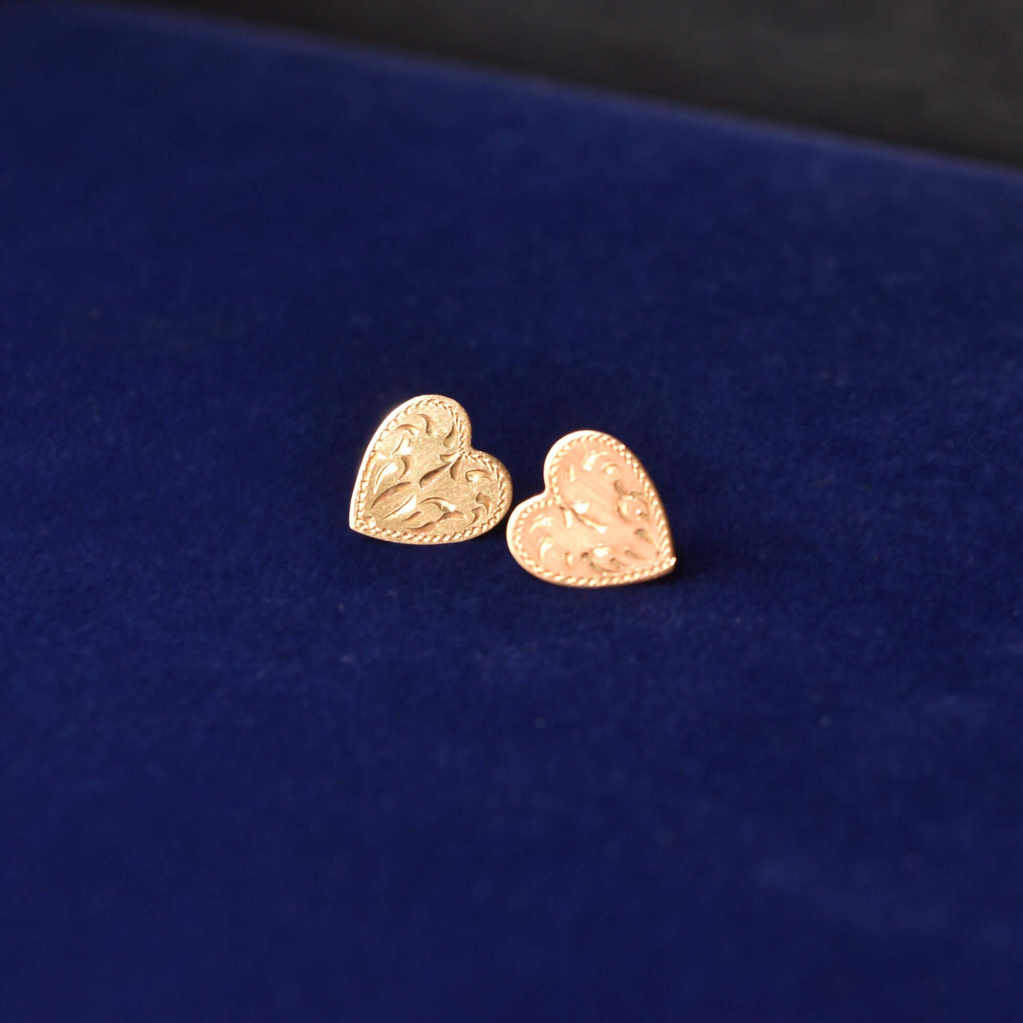 Cute 10K Hand-Etched Heart Stud Earrings, Dainty Yellow Gold Earrings, Valentines Day Gift, 11mm
