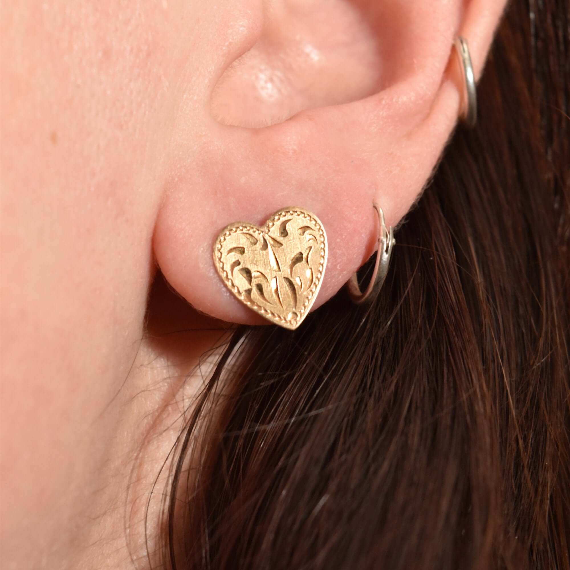 Cute 10K Hand-Etched Heart Stud Earrings, Dainty Yellow Gold Earrings, Valentines Day Gift, 11mm