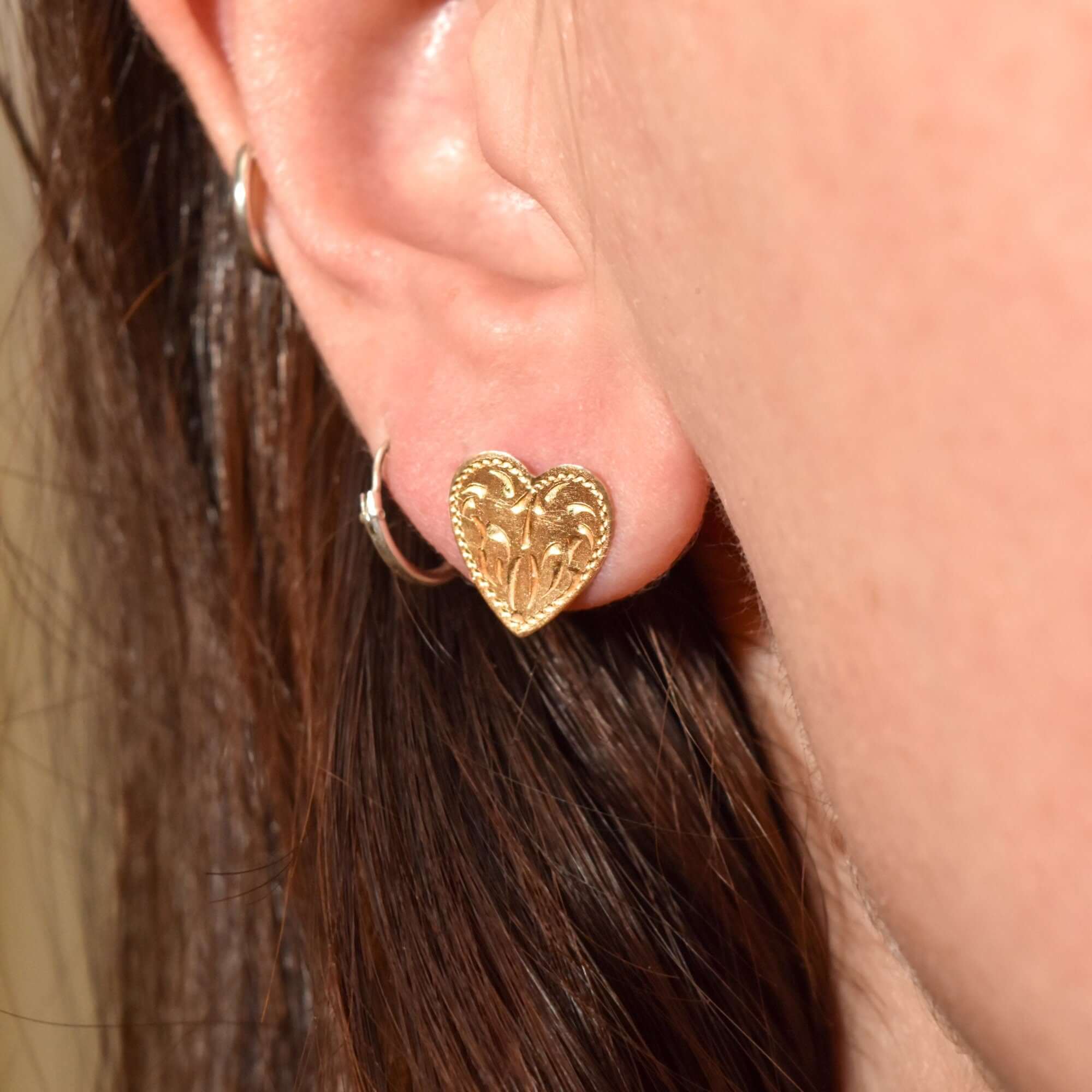Cute 10K Hand-Etched Heart Stud Earrings, Dainty Yellow Gold Earrings, Valentines Day Gift, 11mm