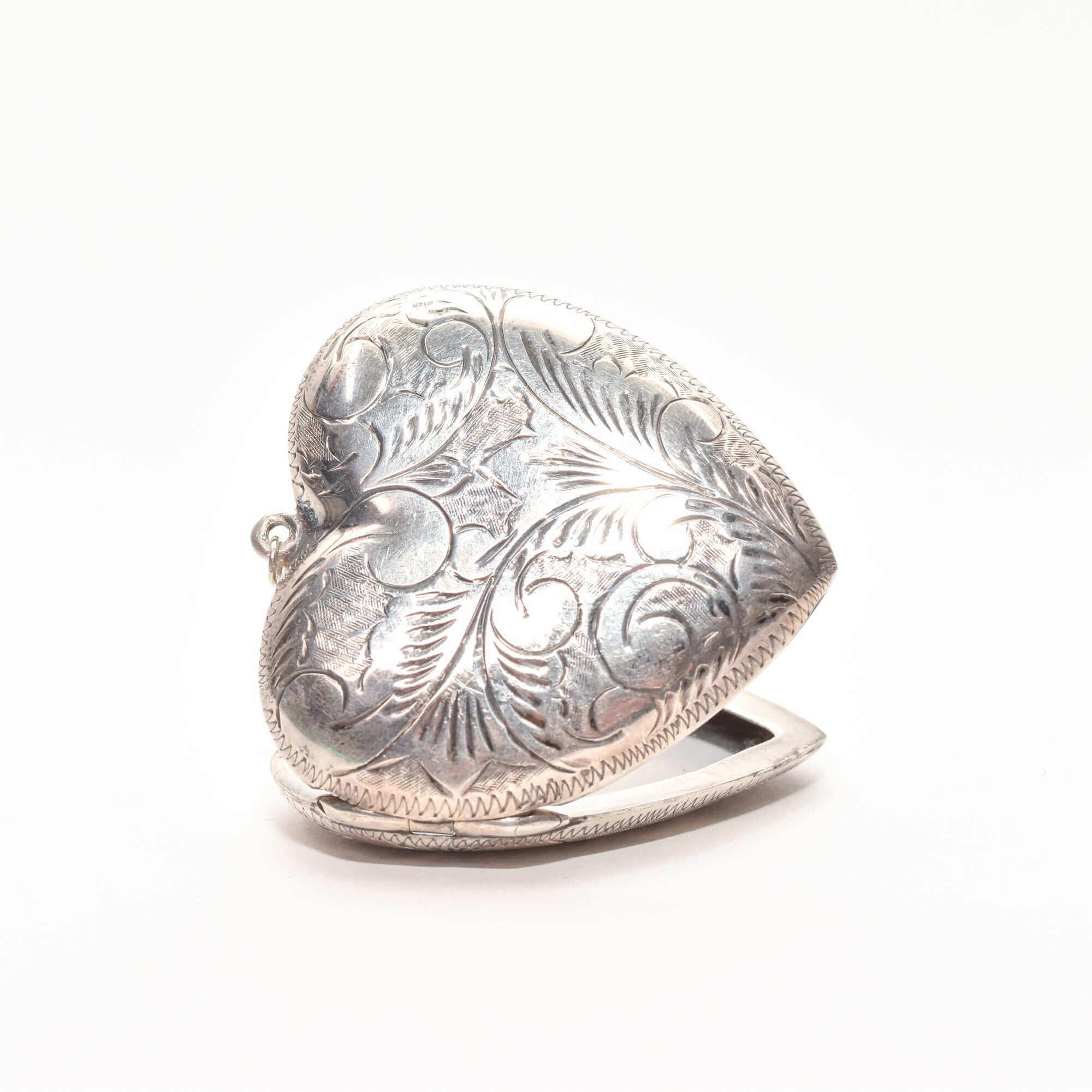 Large Engraved/Etched Sterling Silver Heart Locket, 2 Picture Windows W/ Cover, Estate Jewelry, 6cm