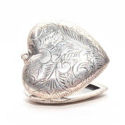 Large Engraved/Etched Sterling Silver Heart Locket, 2 Picture Windows W/ Cover, Estate Jewelry, 6cm