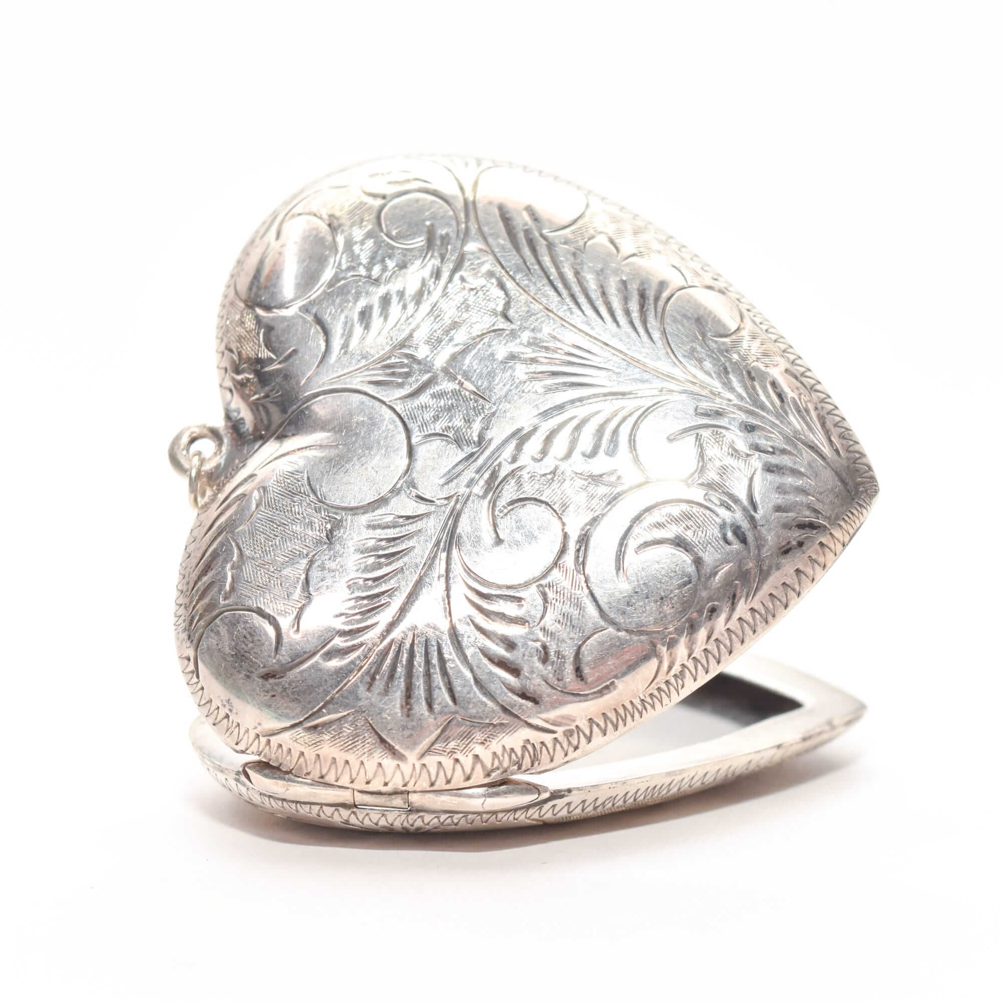 Large Engraved/Etched Sterling Silver Heart Locket, 2 Picture Windows W/ Cover, Estate Jewelry, 6cm