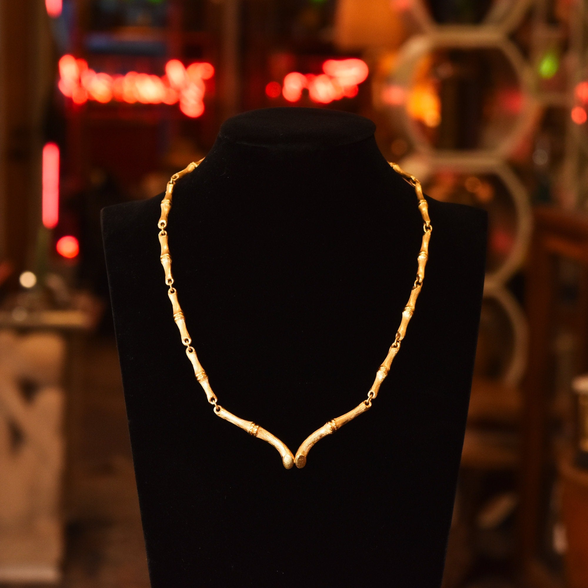 Vintage 1960's Crown Trifari Bamboo Link Gold-Tone Necklace, Valentines Day Gift, 16.5" L