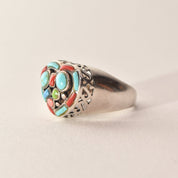 Multi-Stone Heart Ring In Sterling Silver, Turquoise, Coral, Gaspeite, Valentines Day Gift, 7 3/4 US