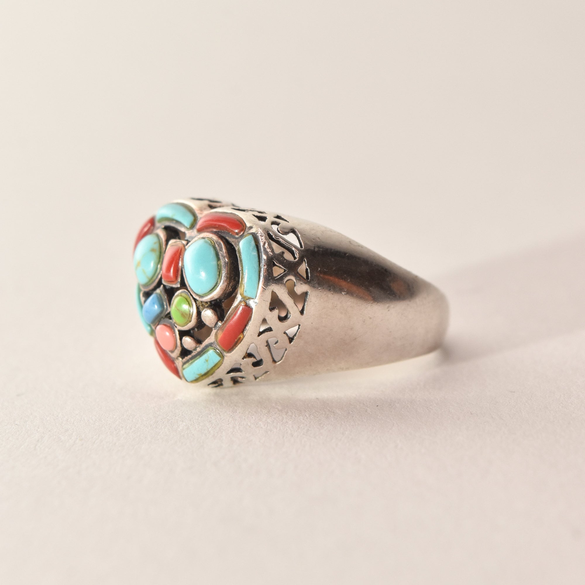 Multi-Stone Heart Ring In Sterling Silver, Turquoise, Coral, Gaspeite, Valentines Day Gift, 7 3/4 US