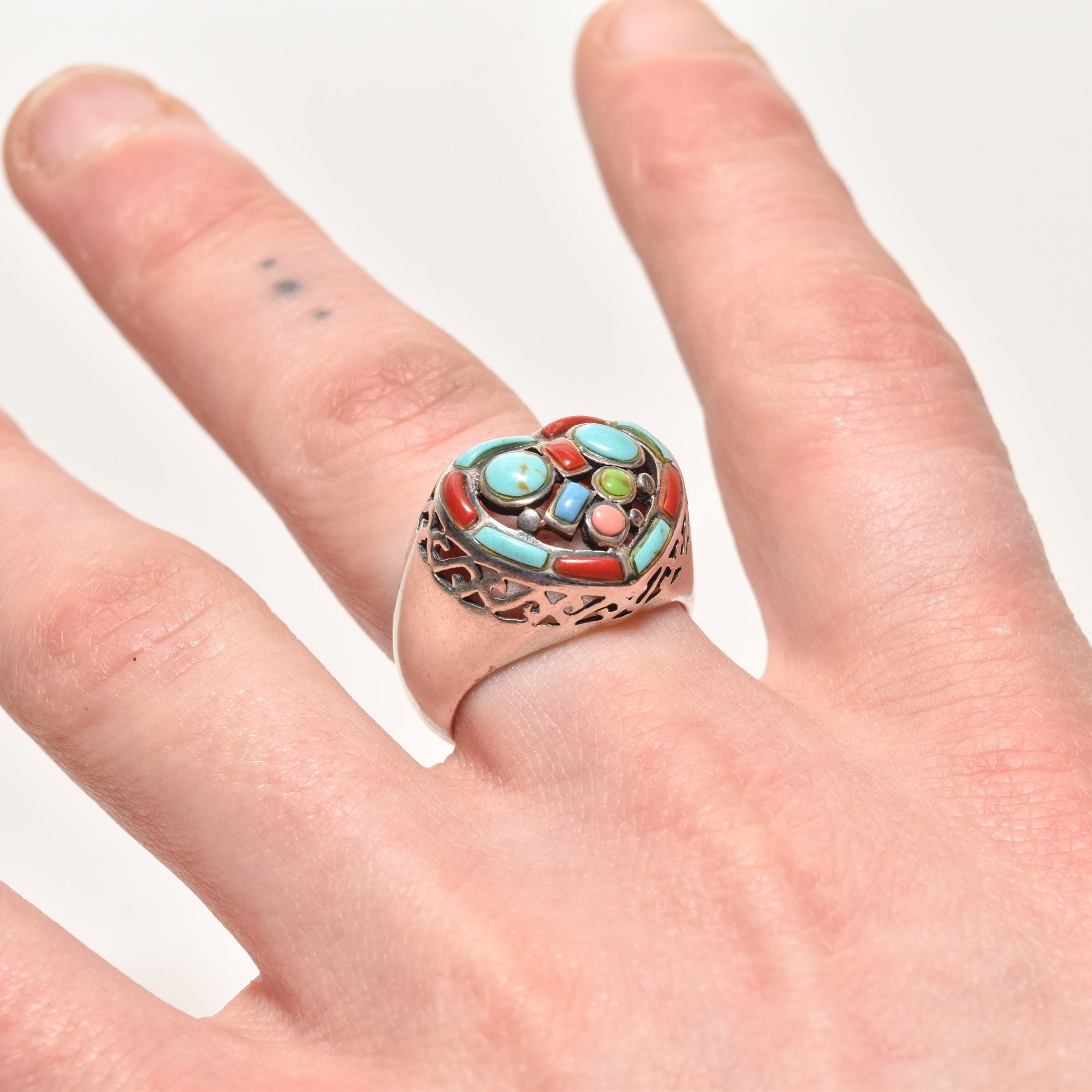 Multi-Stone Heart Ring In Sterling Silver, Turquoise, Coral, Gaspeite, Valentines Day Gift, 7 3/4 US