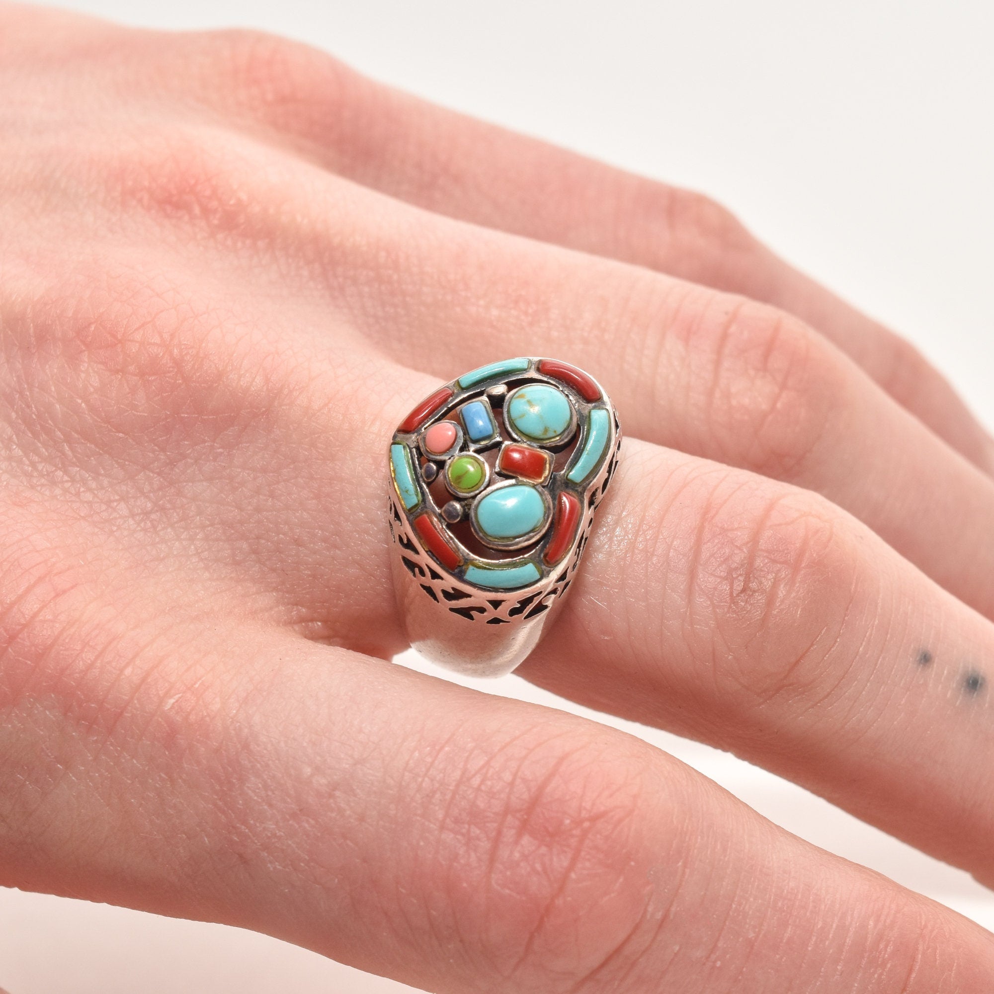 Multi-Stone Heart Ring In Sterling Silver, Turquoise, Coral, Gaspeite, Valentines Day Gift, 7 3/4 US