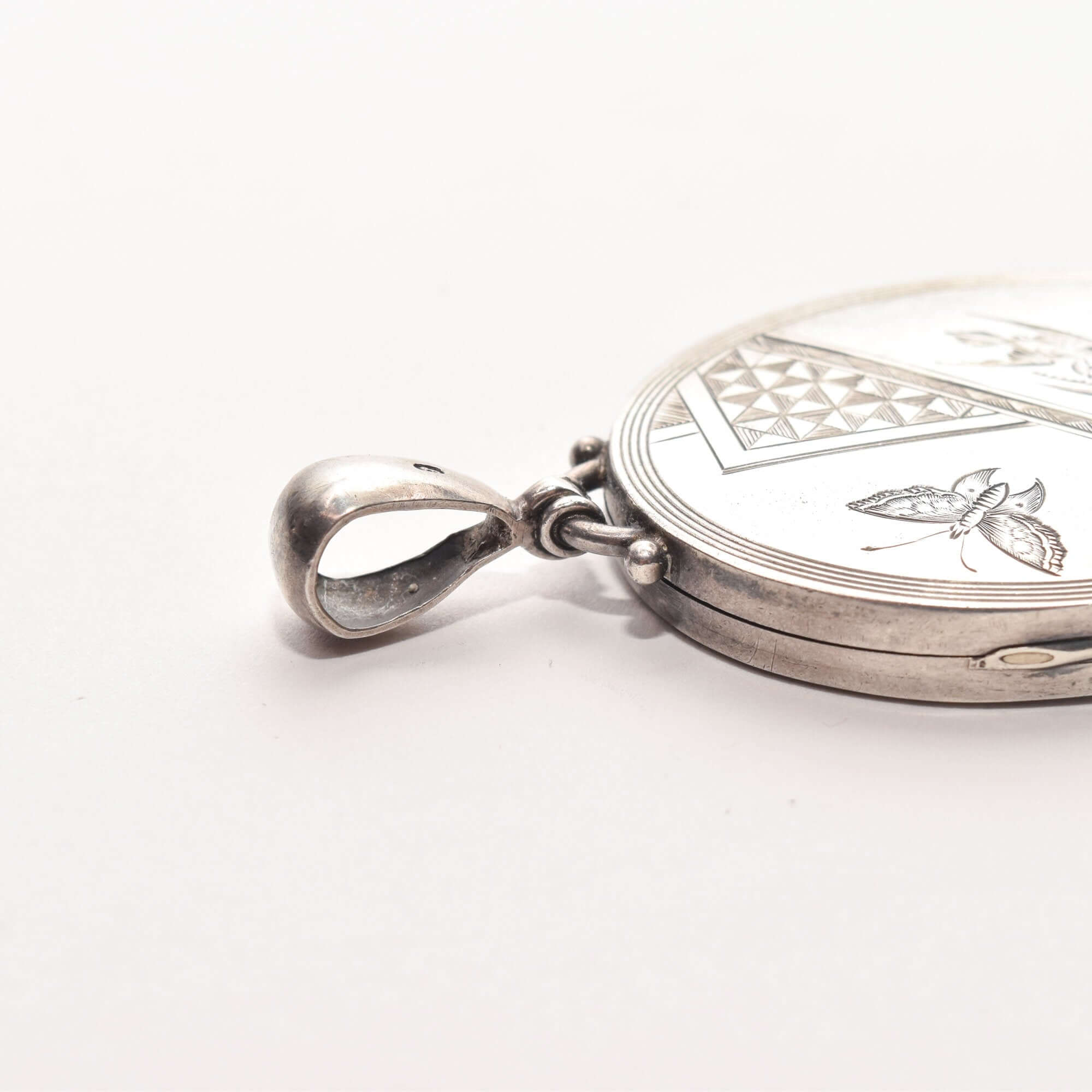 1879 Hallmarked Victorian Sterling Silver Engraved Locket, Butterfly & Bird Scene, Valentines Day Gift
