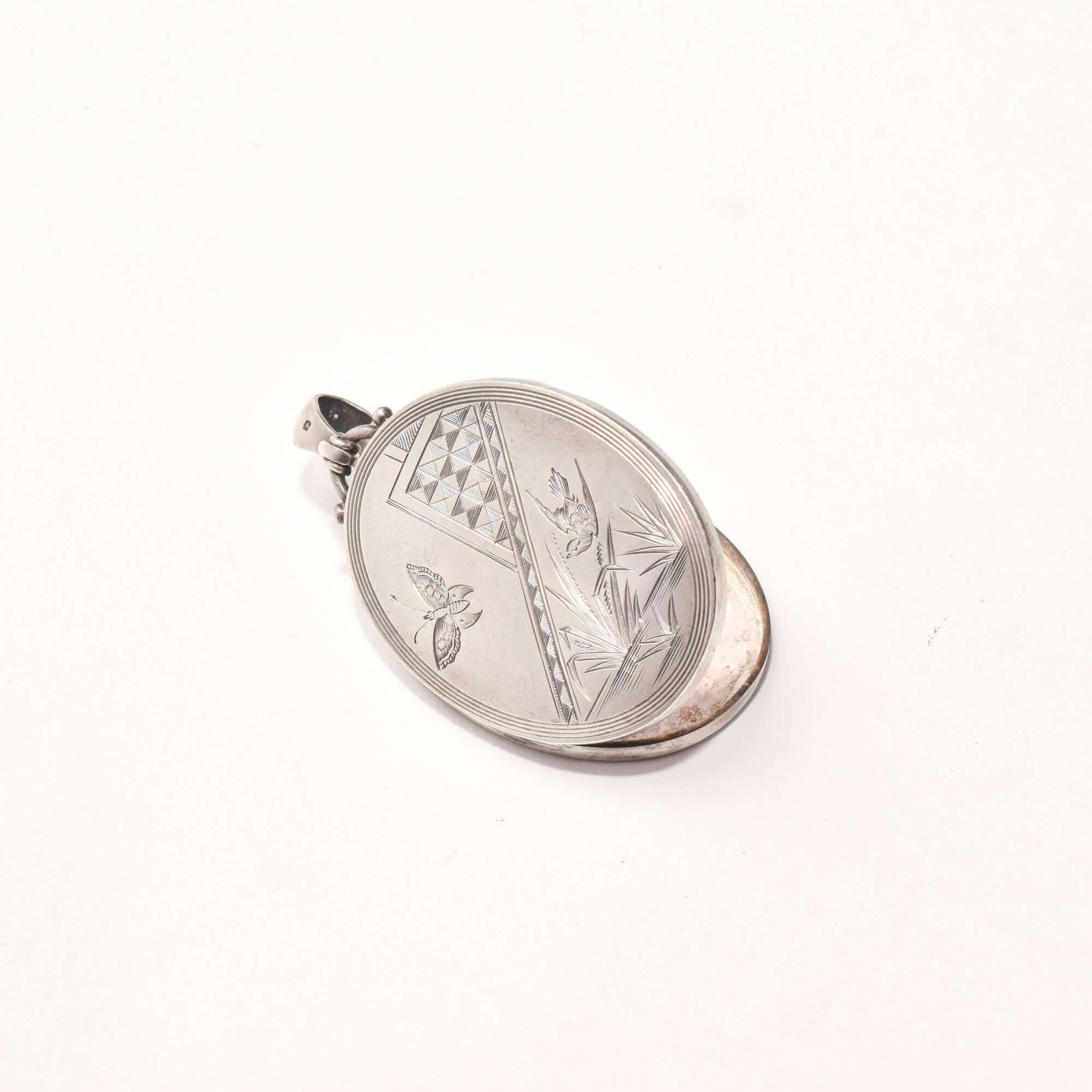 1879 Hallmarked Victorian Sterling Silver Engraved Locket, Butterfly & Bird Scene, Valentines Day Gift