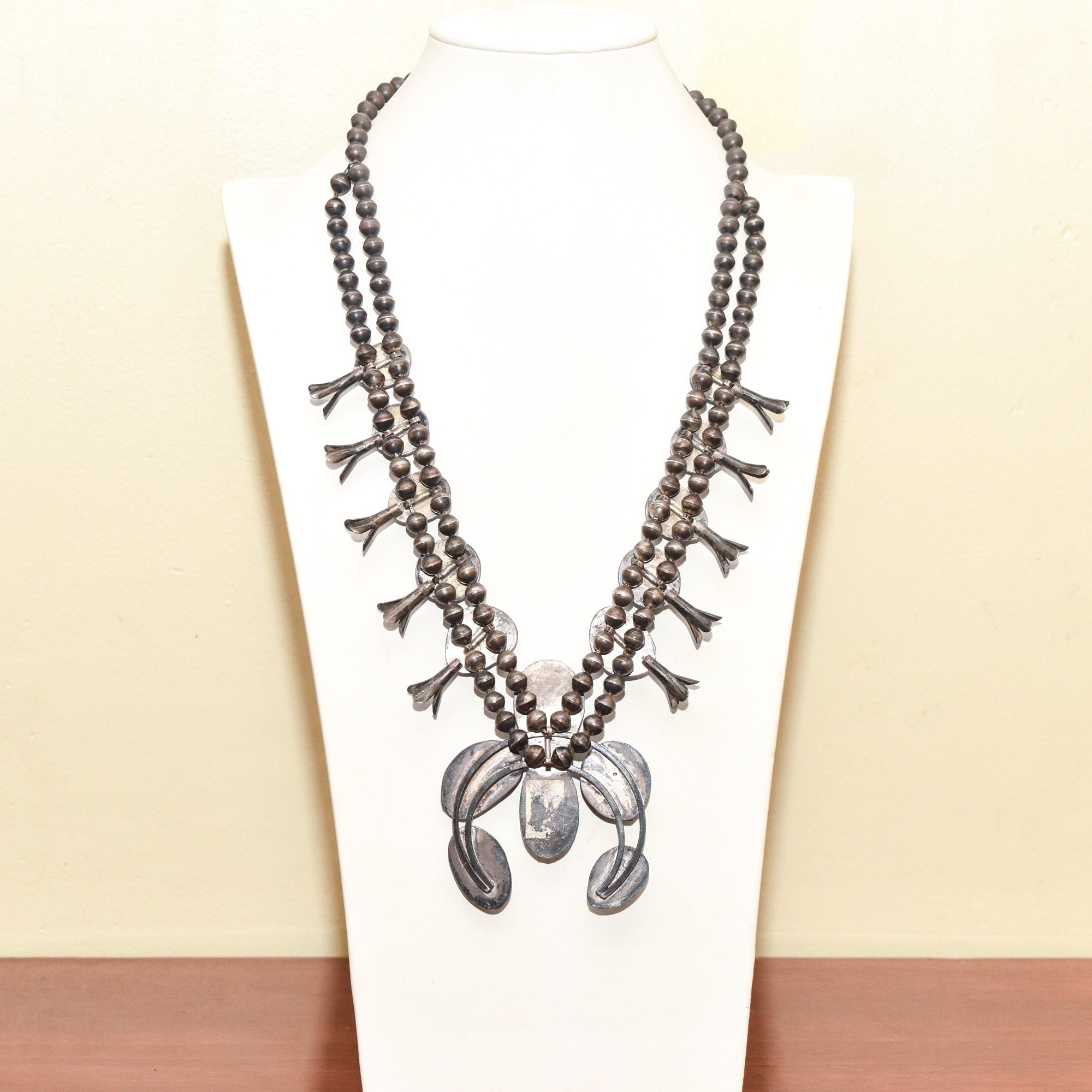 Native American Turquoise Squash Blossom Necklace, Naja Pendant, Navajo Pearls, Old Pawn Jewelry, 26" L