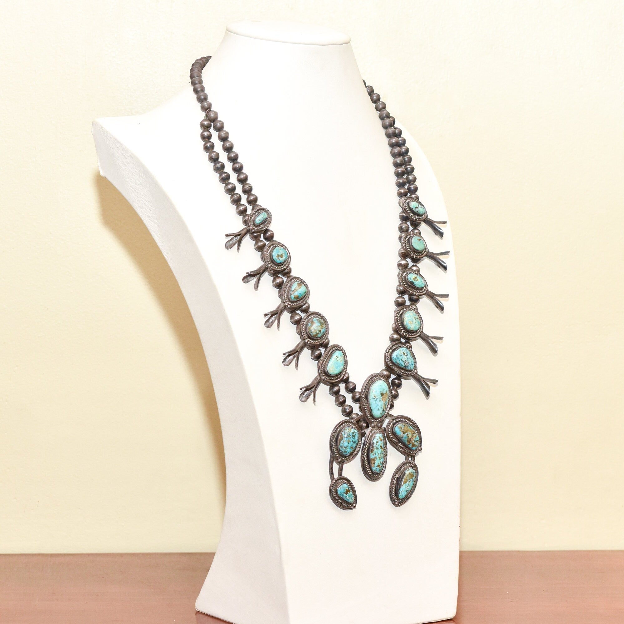 Native American Turquoise Squash Blossom Necklace, Naja Pendant, Navajo Pearls, Old Pawn Jewelry, 26" L