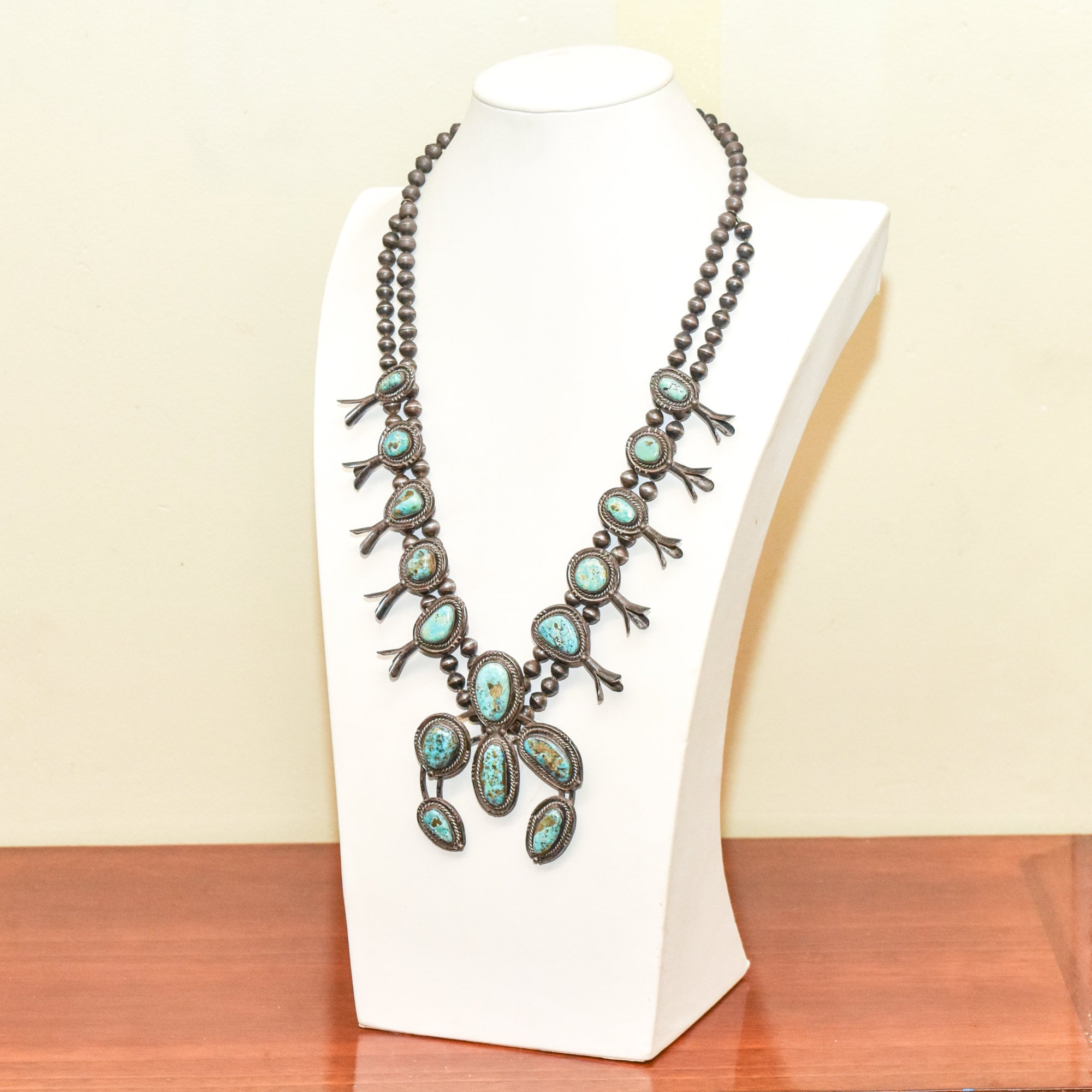 Native American Turquoise Squash Blossom Necklace, Naja Pendant, Navajo Pearls, Old Pawn Jewelry, 26" L