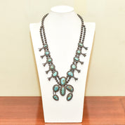 Native American Turquoise Squash Blossom Necklace, Naja Pendant, Navajo Pearls, Old Pawn Jewelry, 26" L