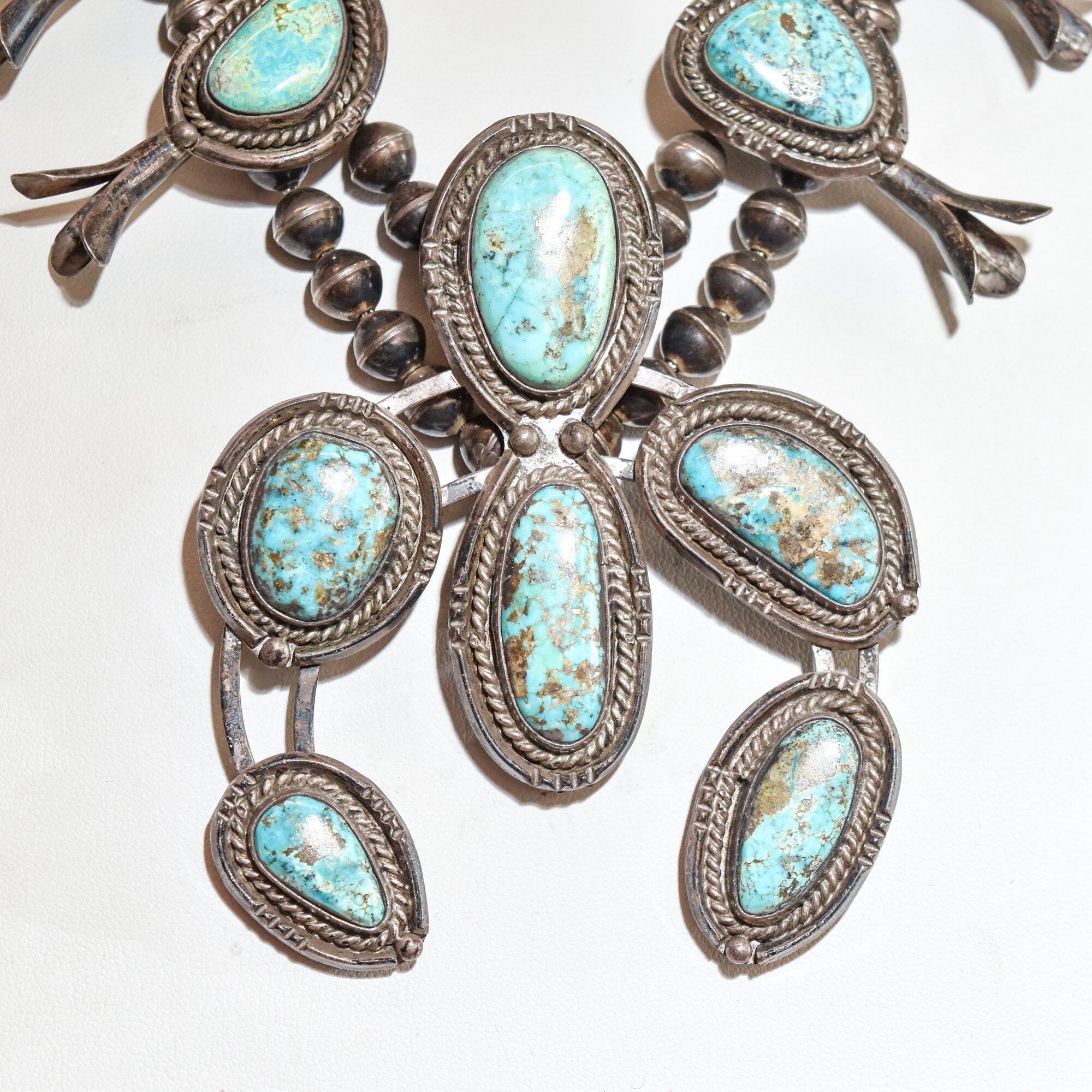 Native American Turquoise Squash Blossom Necklace, Naja Pendant, Navajo Pearls, Old Pawn Jewelry, 26" L
