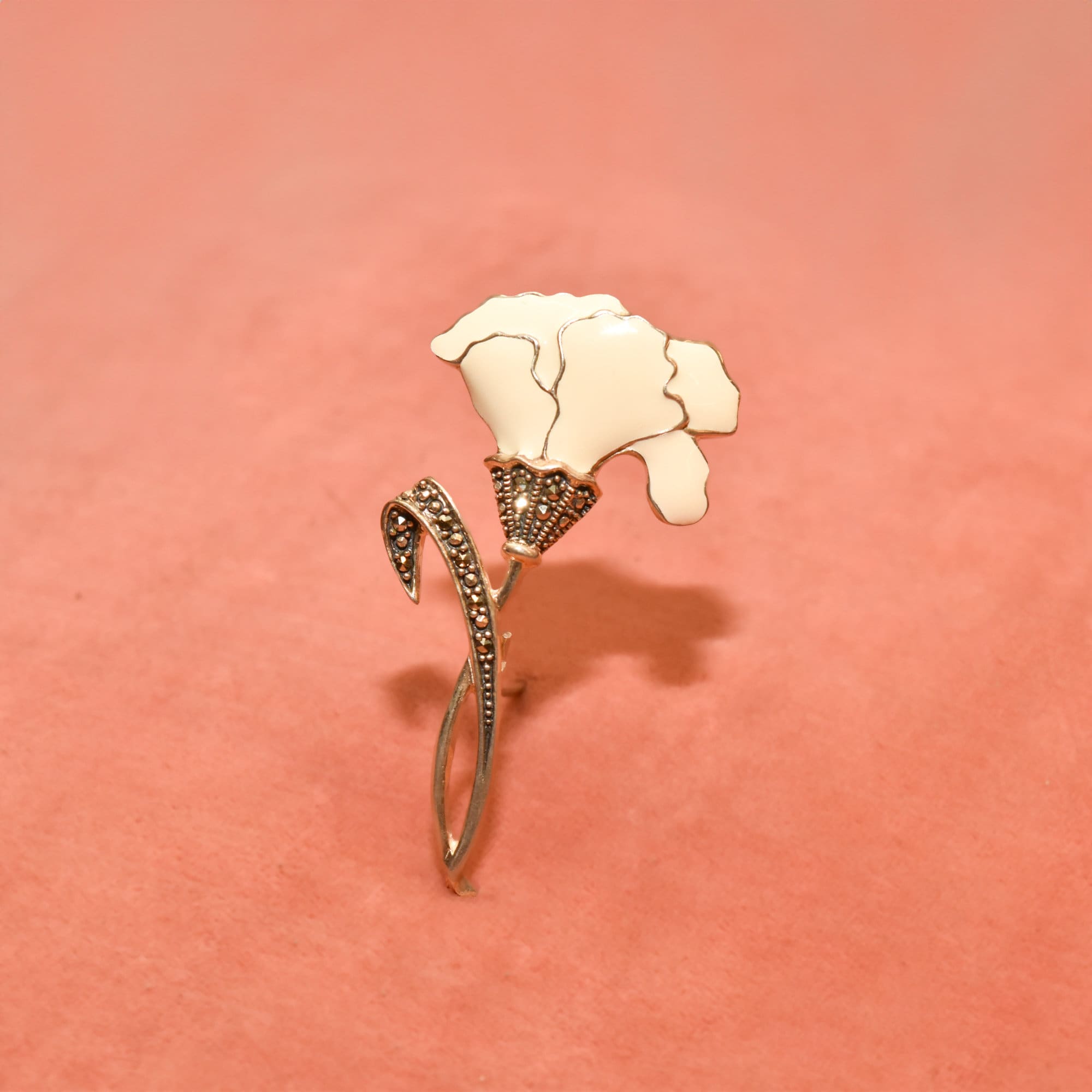 Sterling Silver Enamel Marcasite Flower Brooch Pin, Art Nouveau Revival, Valentines Day Gift, 2.25" L