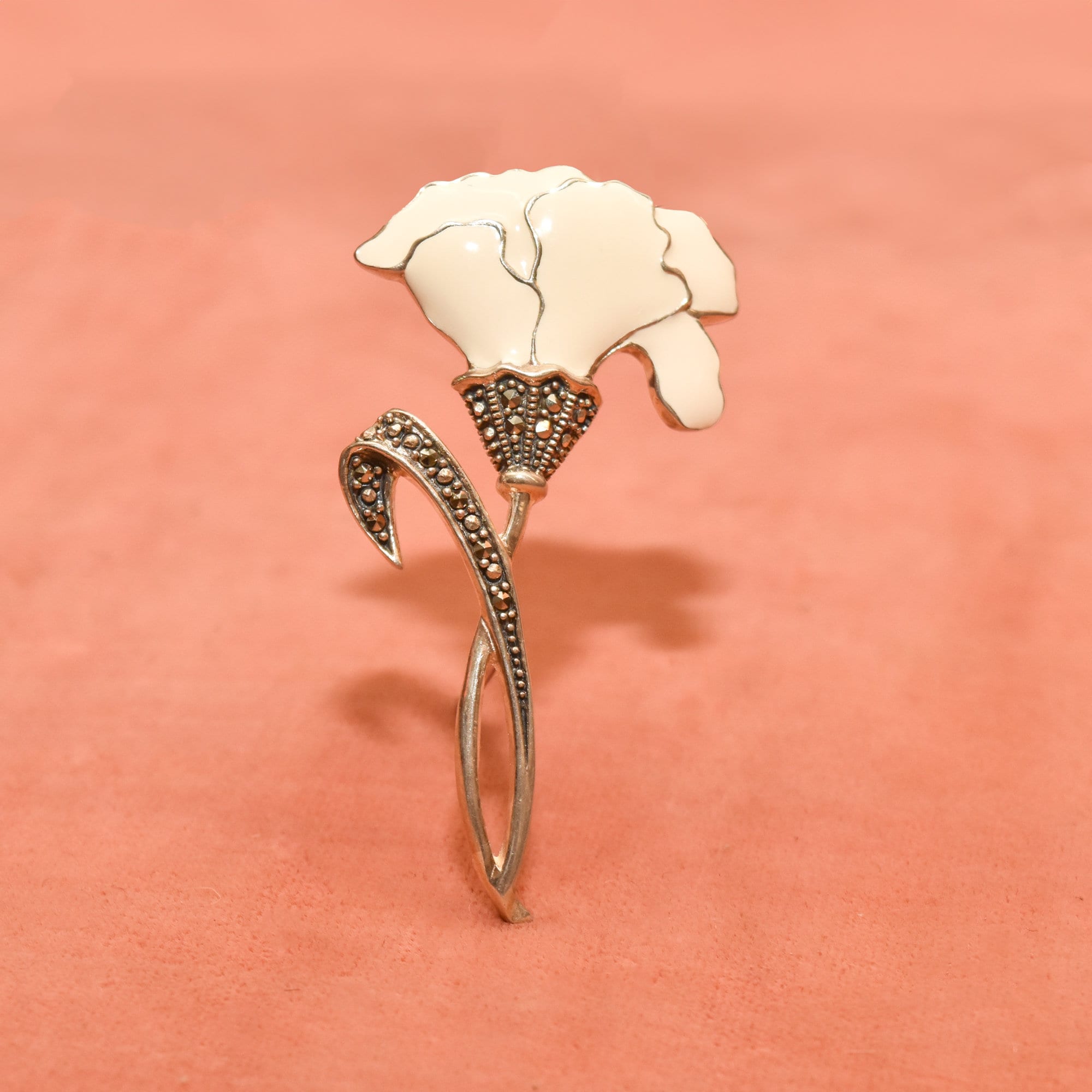 Sterling Silver Enamel Marcasite Flower Brooch Pin, Art Nouveau Revival, Valentines Day Gift, 2.25" L