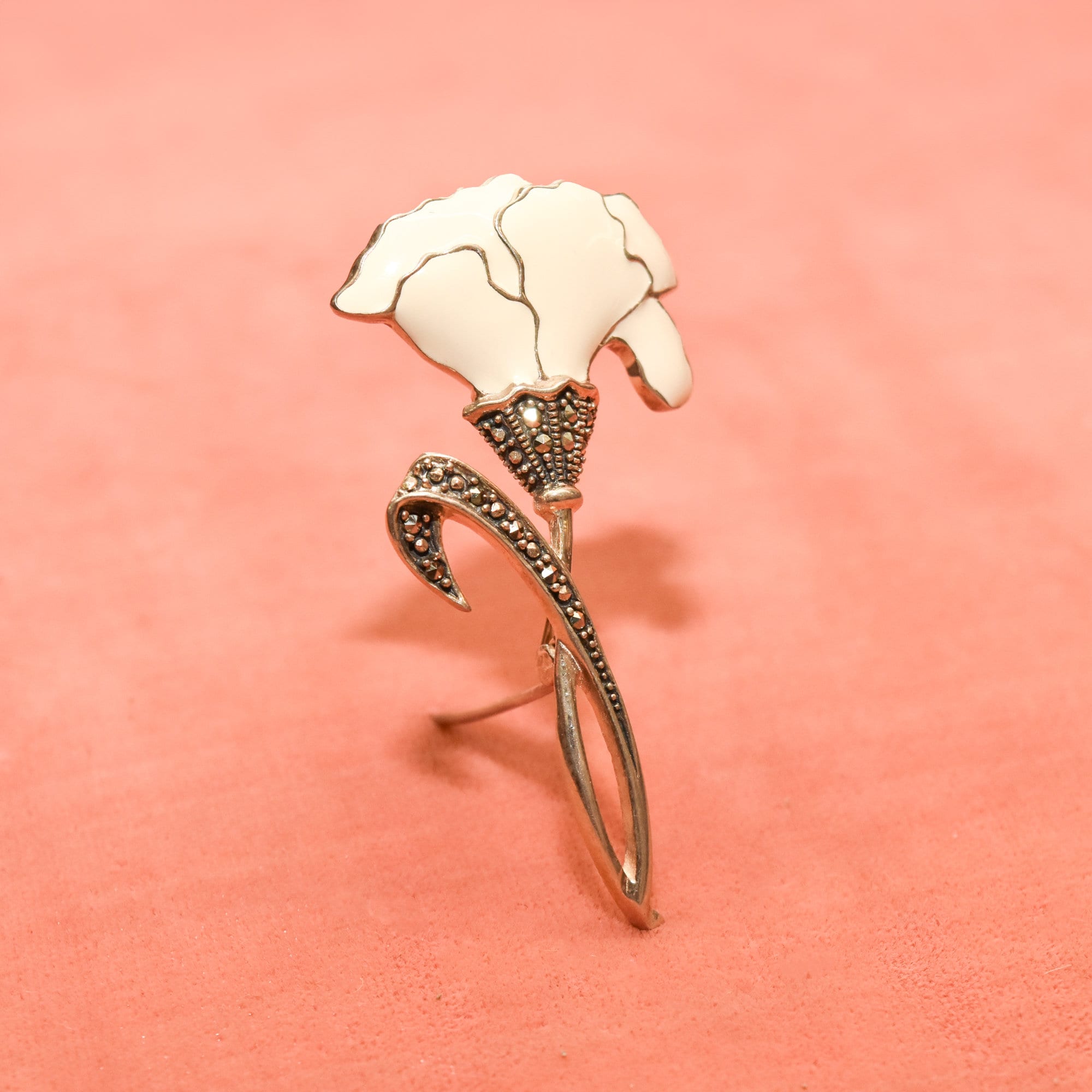 Sterling Silver Enamel Marcasite Flower Brooch Pin, Art Nouveau Revival, Valentines Day Gift, 2.25" L