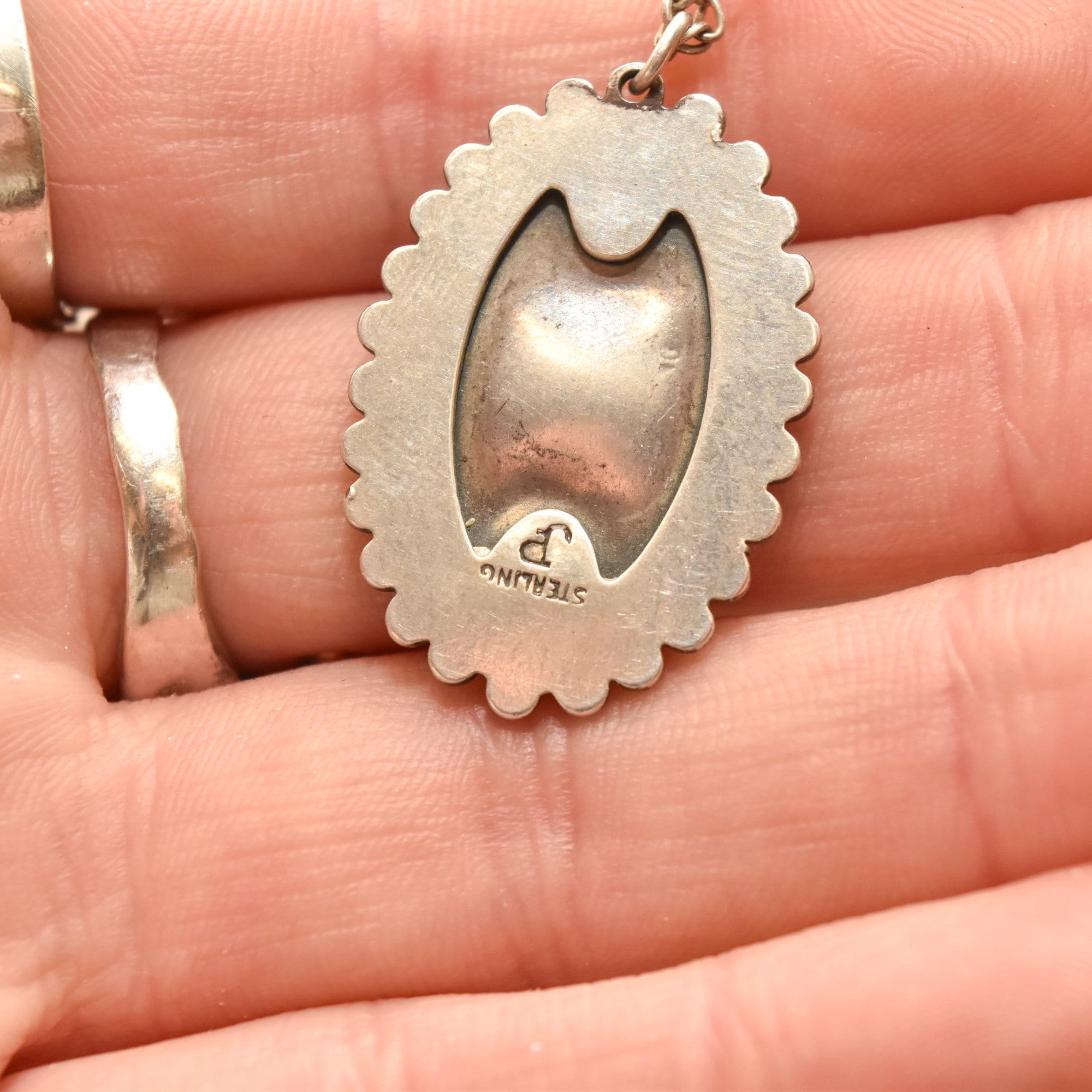 Native American Sterling Silver Turquoise Pendant Necklace, Signed JP, Gift For Loved One, 18" L