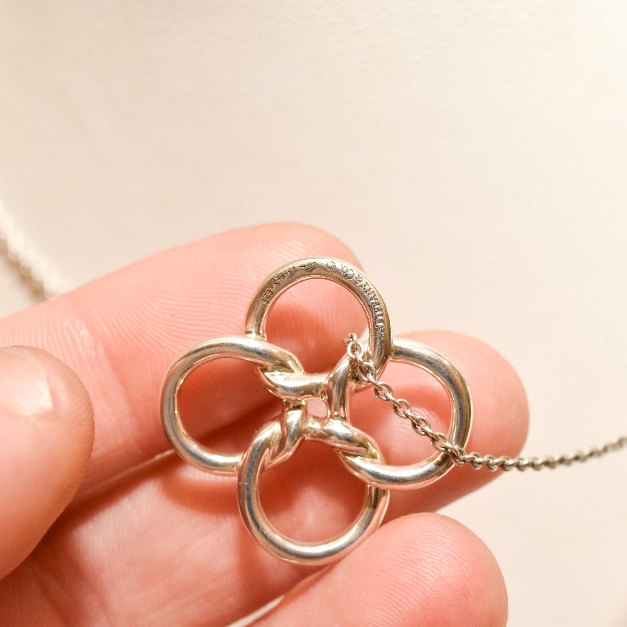 Tiffany & Co. Sterling Silver Quadrifoglio Pendant Necklace By Elsa Peretti, Valentines Day Gift, 16" L