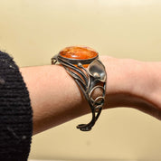 Beautiful Sterling Silver Amber Cuff, Art Nouveau Style, Valentines Day Gift, 5.875"