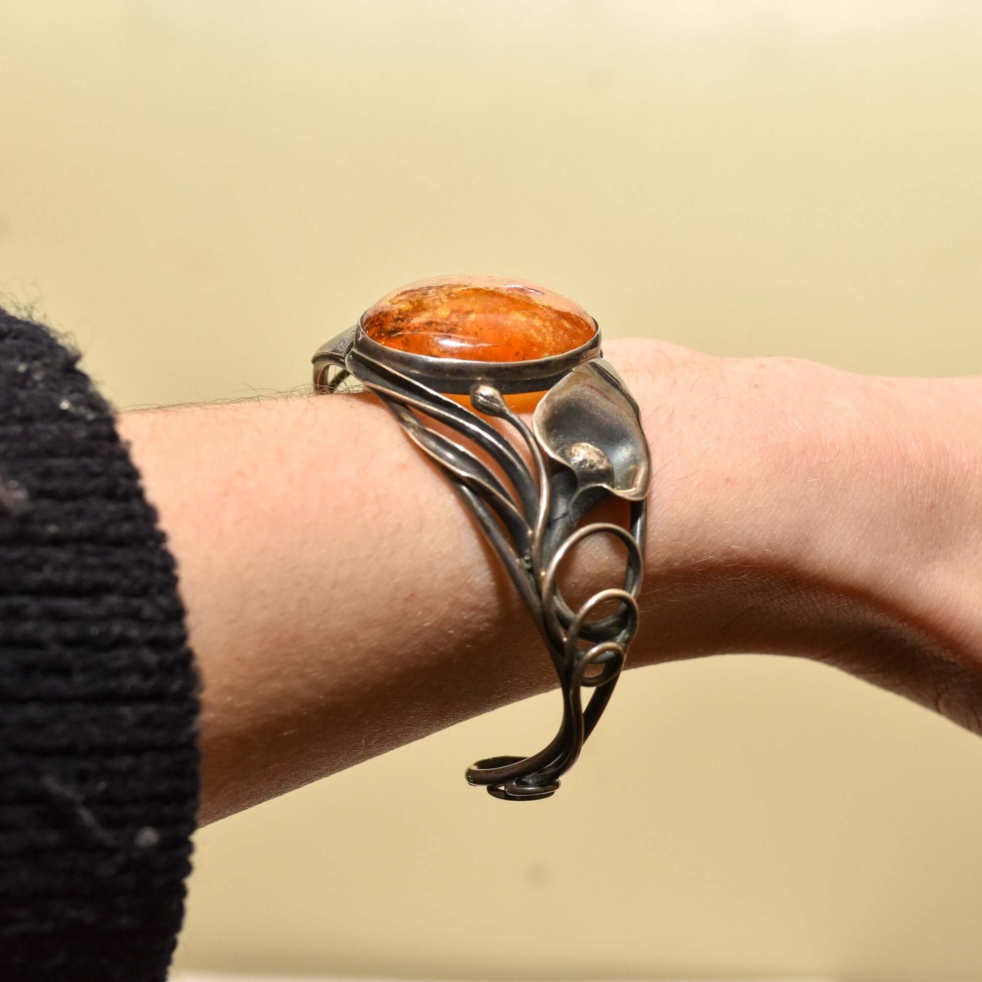 Beautiful Sterling Silver Amber Cuff, Art Nouveau Style, Valentines Day Gift, 5.875"