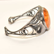 Beautiful Sterling Silver Amber Cuff, Art Nouveau Style, Valentines Day Gift, 5.875"