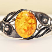 Beautiful Sterling Silver Amber Cuff, Art Nouveau Style, Valentines Day Gift, 5.875"