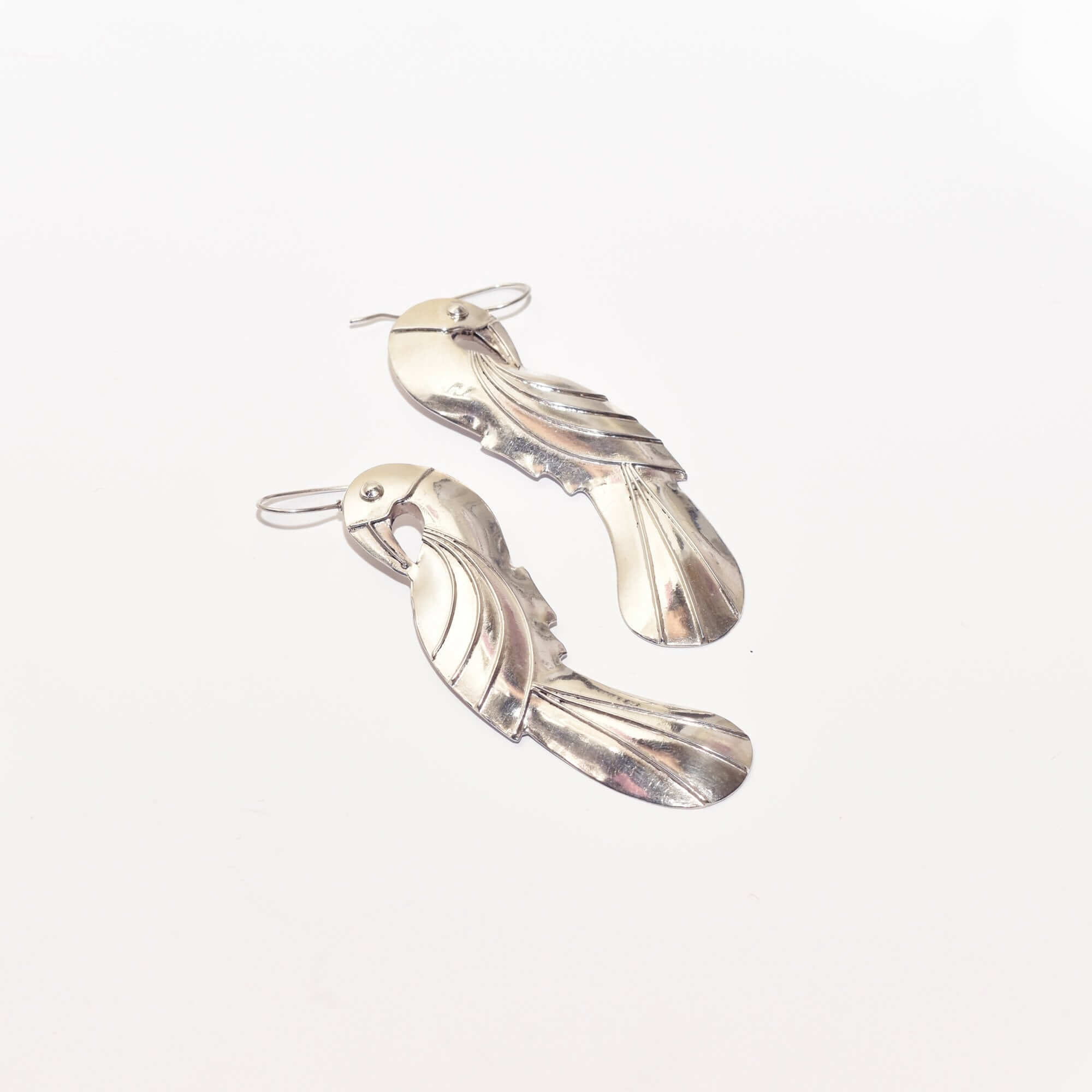 Eclectic Sterling Silver Parrot Dangle Earrings, Long Silver Earrings, Valentines Day Gift, 3.5" L