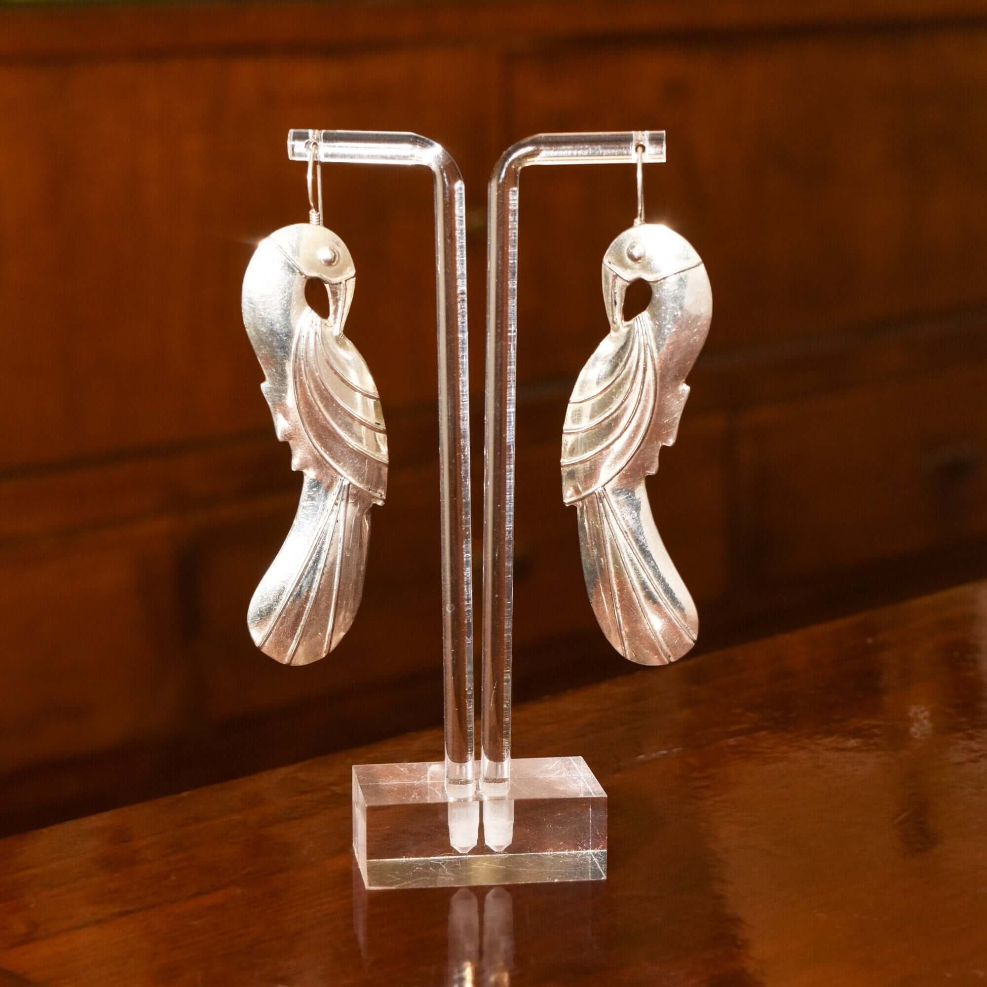 Eclectic Sterling Silver Parrot Dangle Earrings, Long Silver Earrings, Valentines Day Gift, 3.5" L