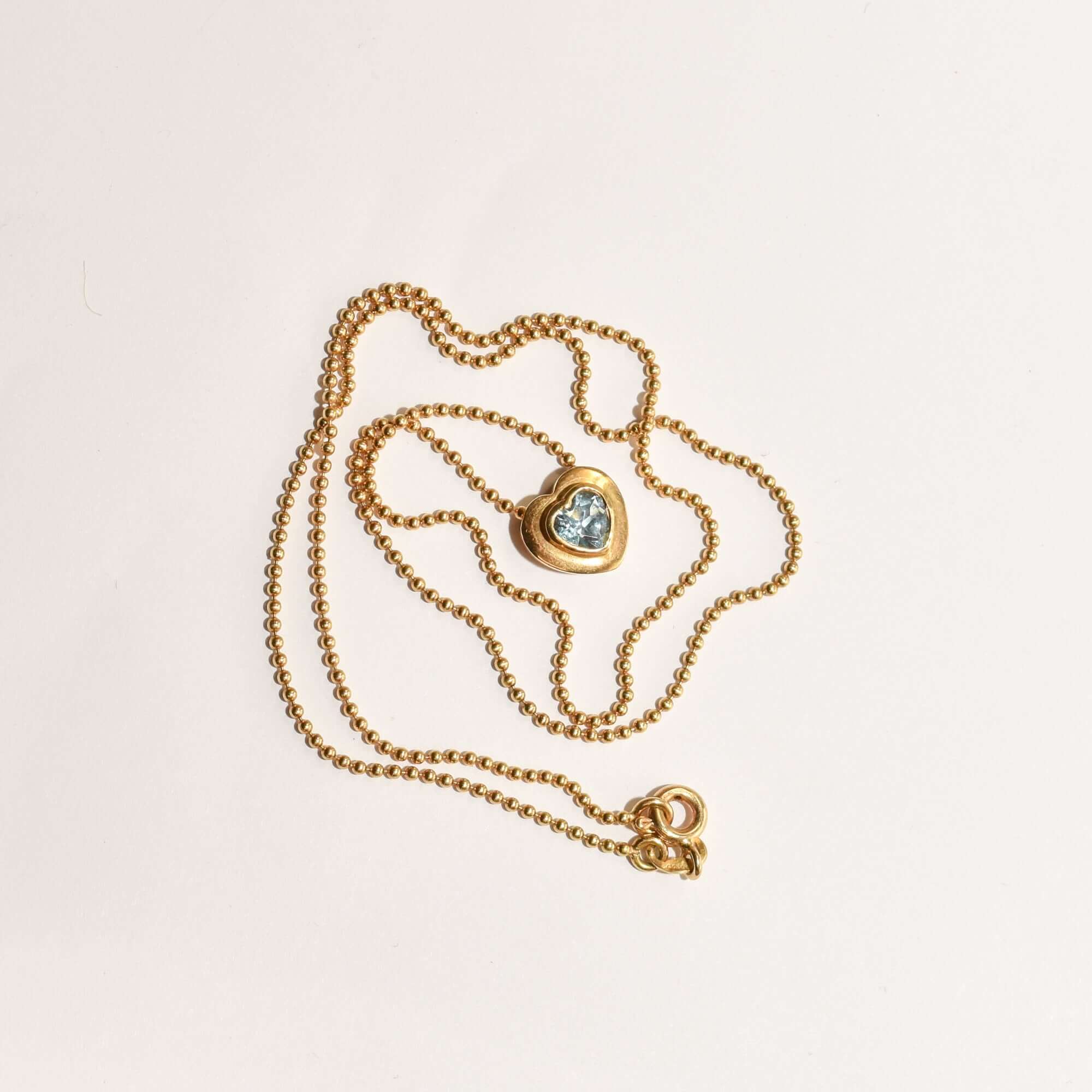 18K Aquamarine Heart Pendant Necklace with Gold Ball Chain