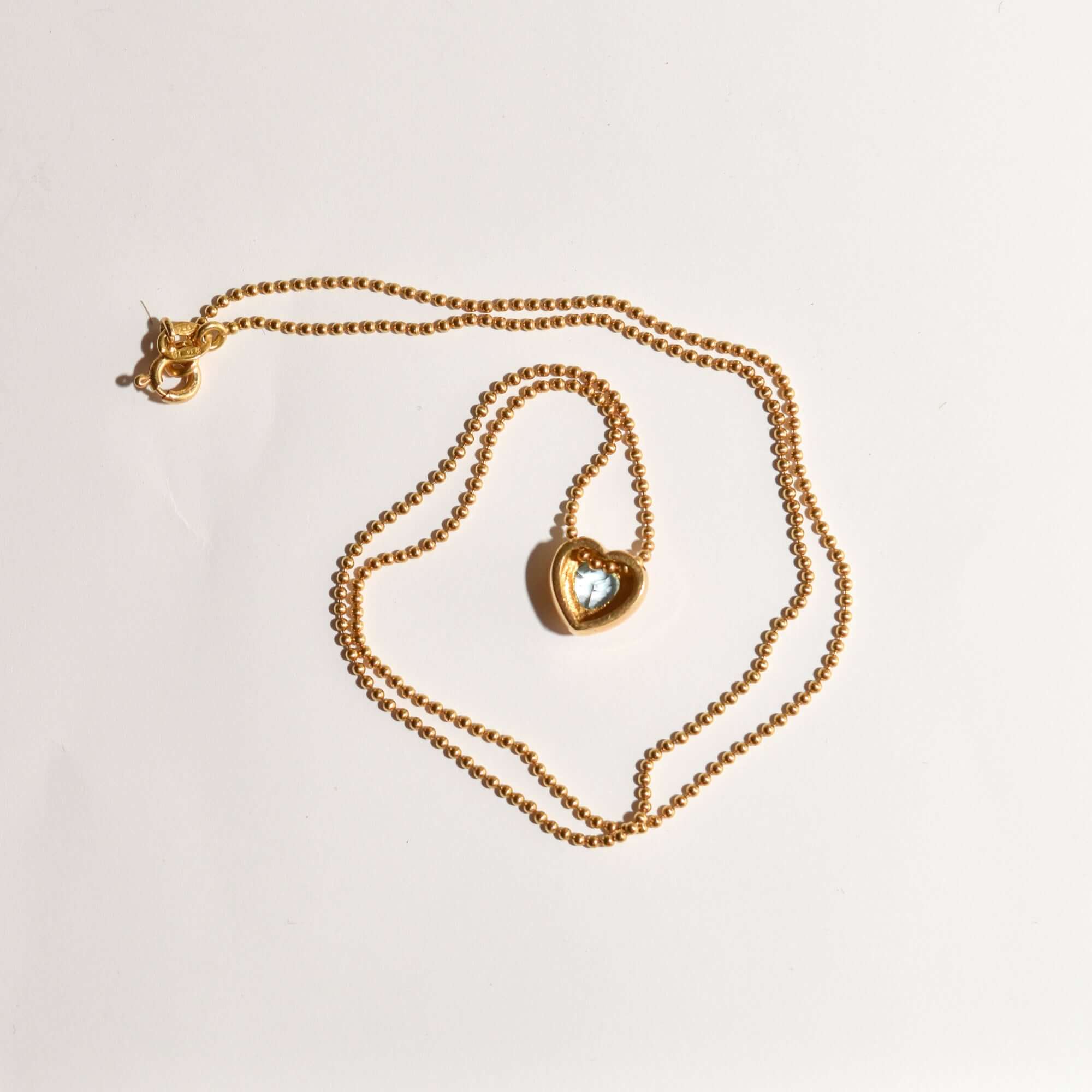18K Aquamarine Heart Pendant Necklace with Gold Ball Chain