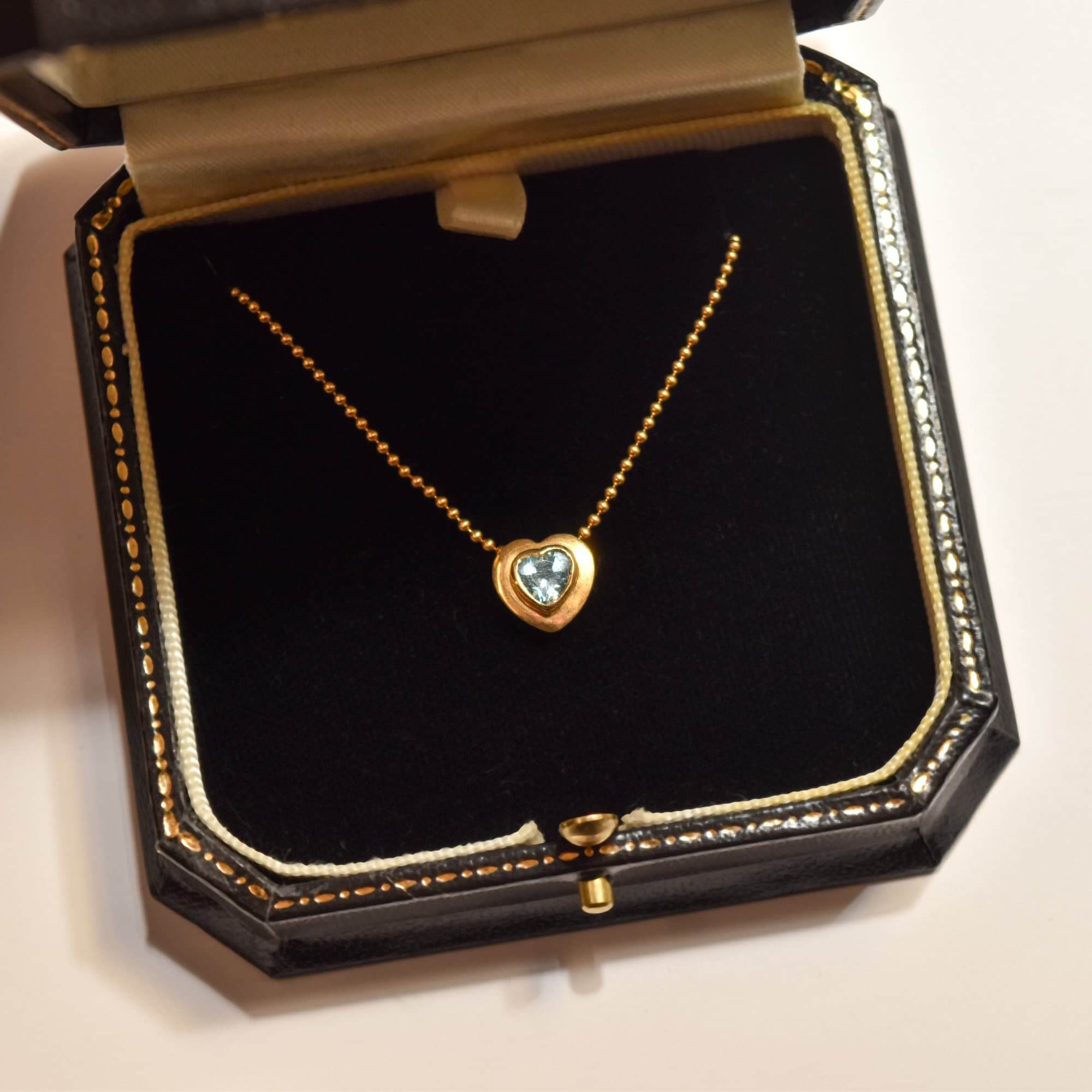 18K Aquamarine Heart Pendant Necklace with Gold Ball Chain