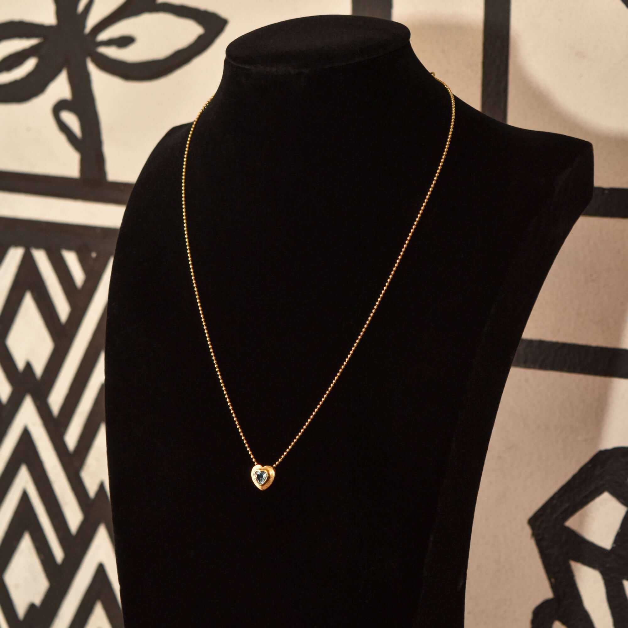 18K Aquamarine Heart Pendant Necklace with Gold Ball Chain