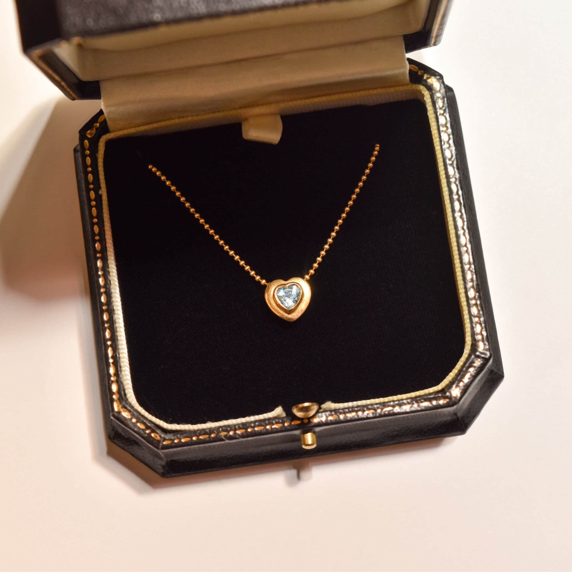 18K Aquamarine Heart Pendant Necklace with Gold Ball Chain