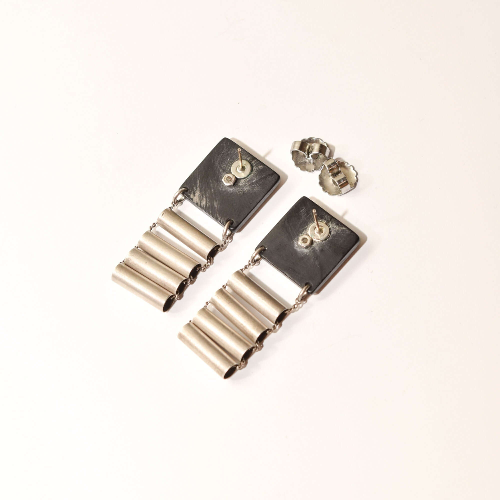 Abstract Modernist Ladder Earrings, Black Composite & Silver Pierced Dangle Earrings, 47.5mm