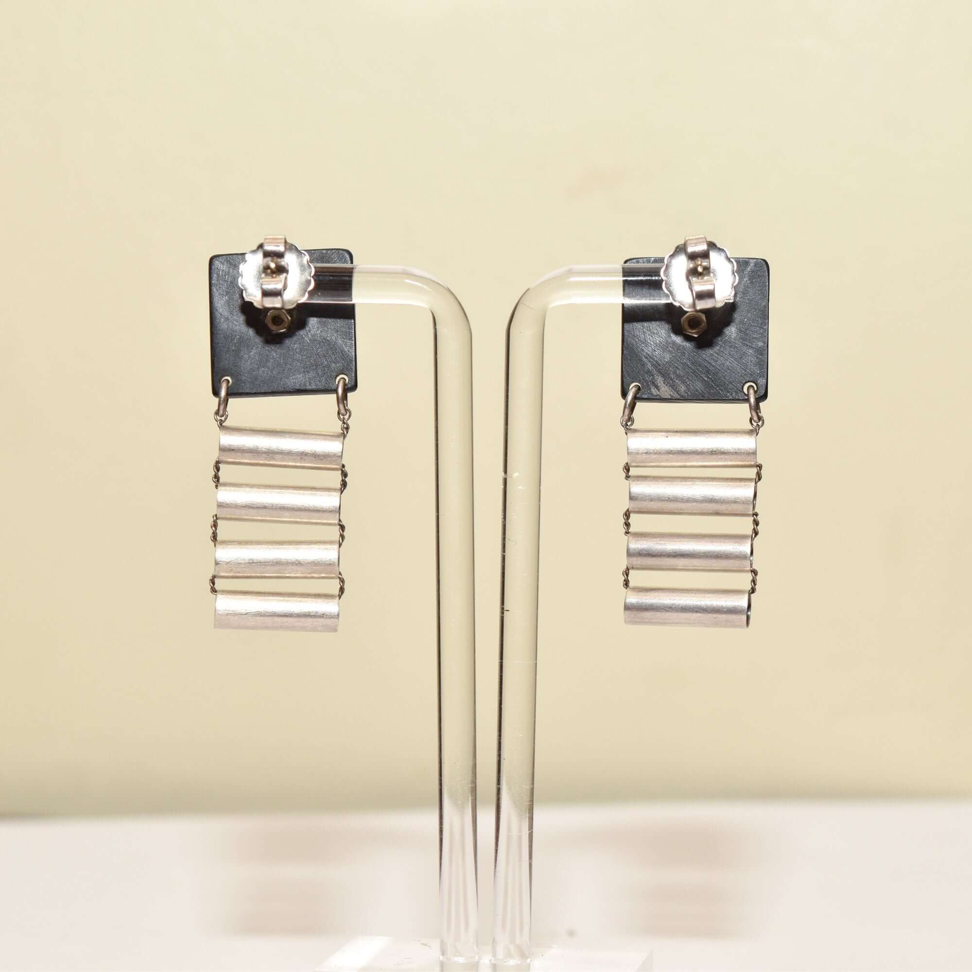 Abstract Modernist Ladder Earrings, Black Composite & Silver Pierced Dangle Earrings, 47.5mm