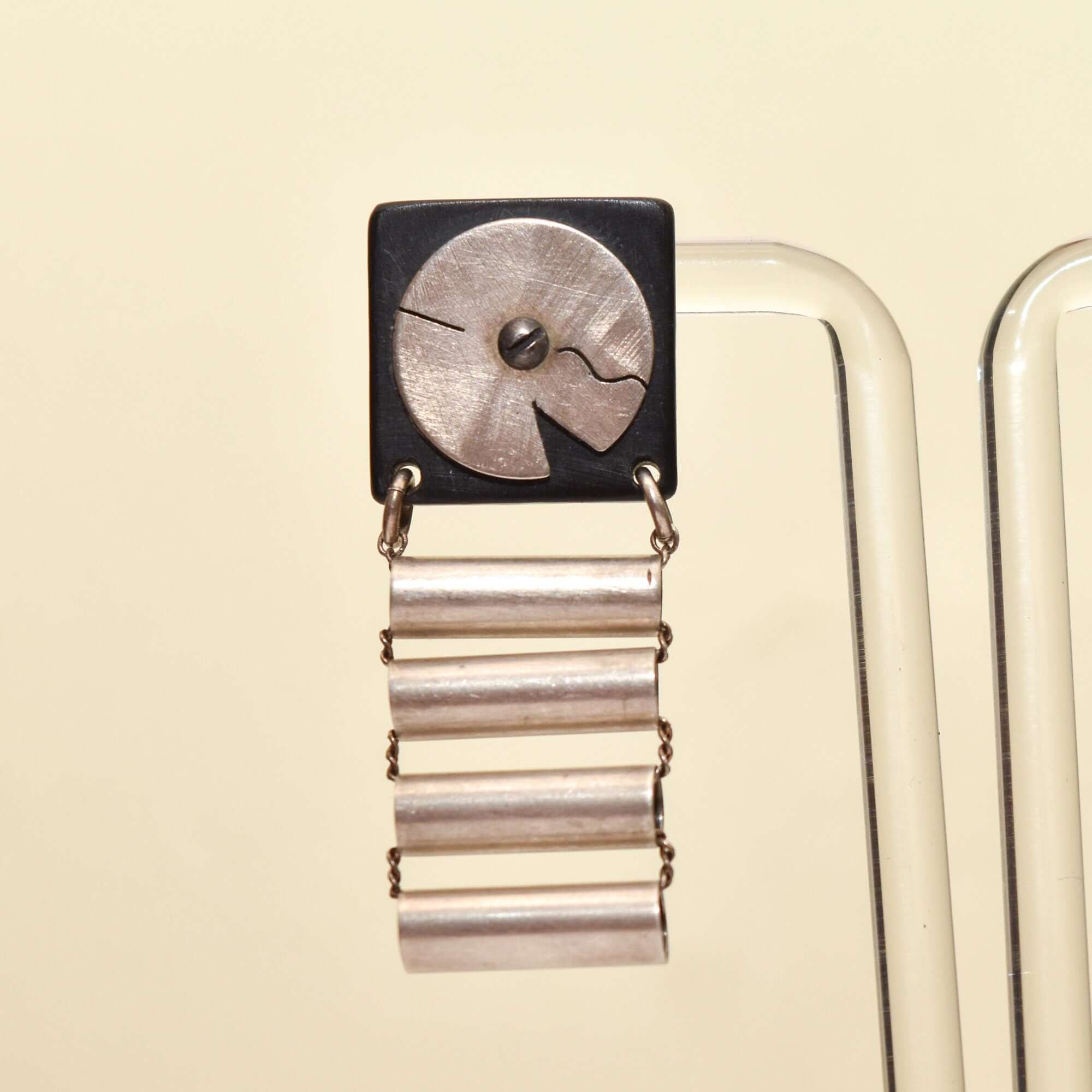 Abstract Modernist Ladder Earrings, Black Composite & Silver Pierced Dangle Earrings, 47.5mm